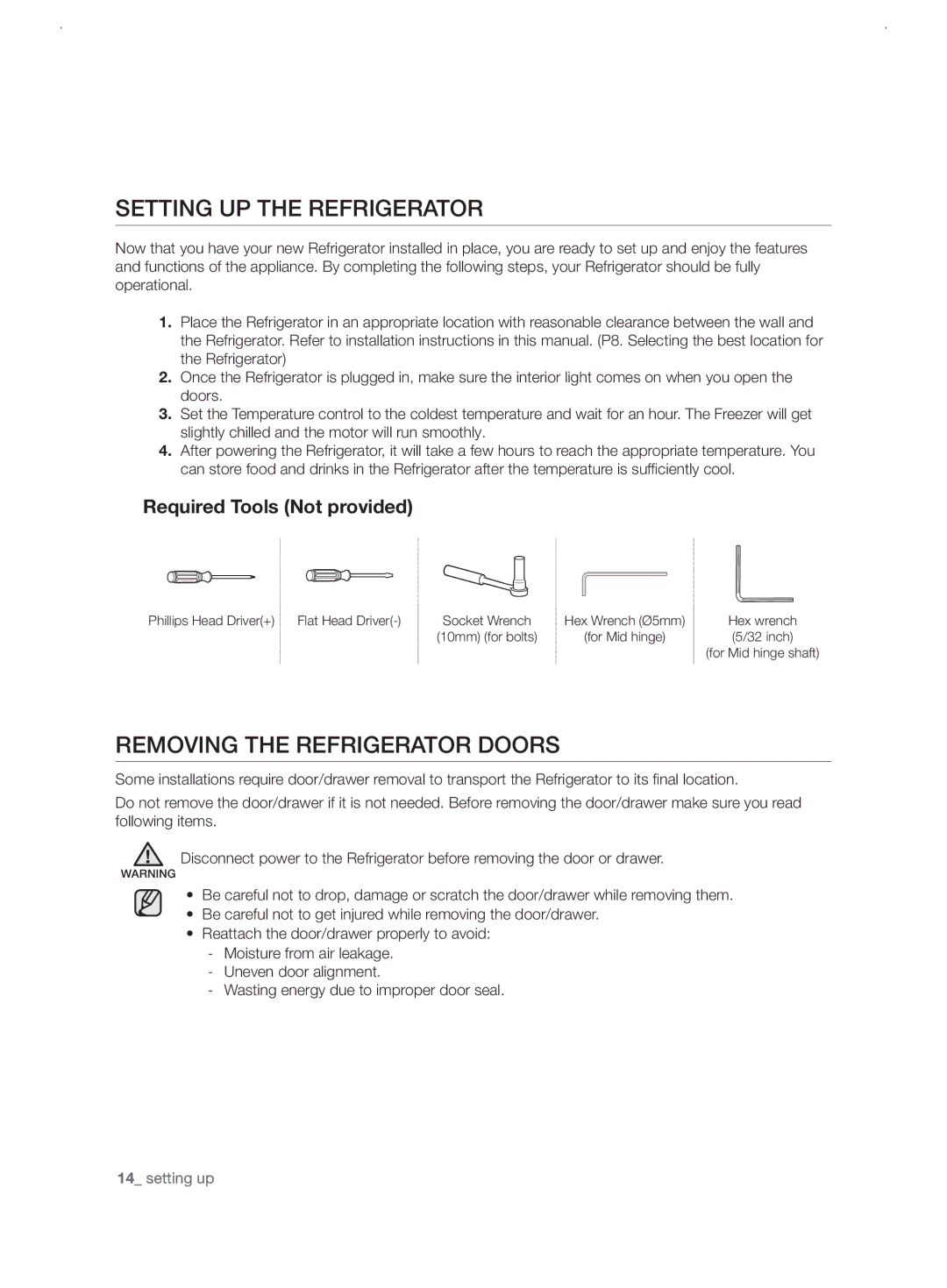 Samsung RF62UBRS1/BWT manual Setting up the refrigerator, Removing the refrigerator doors, Required Tools Not provided 