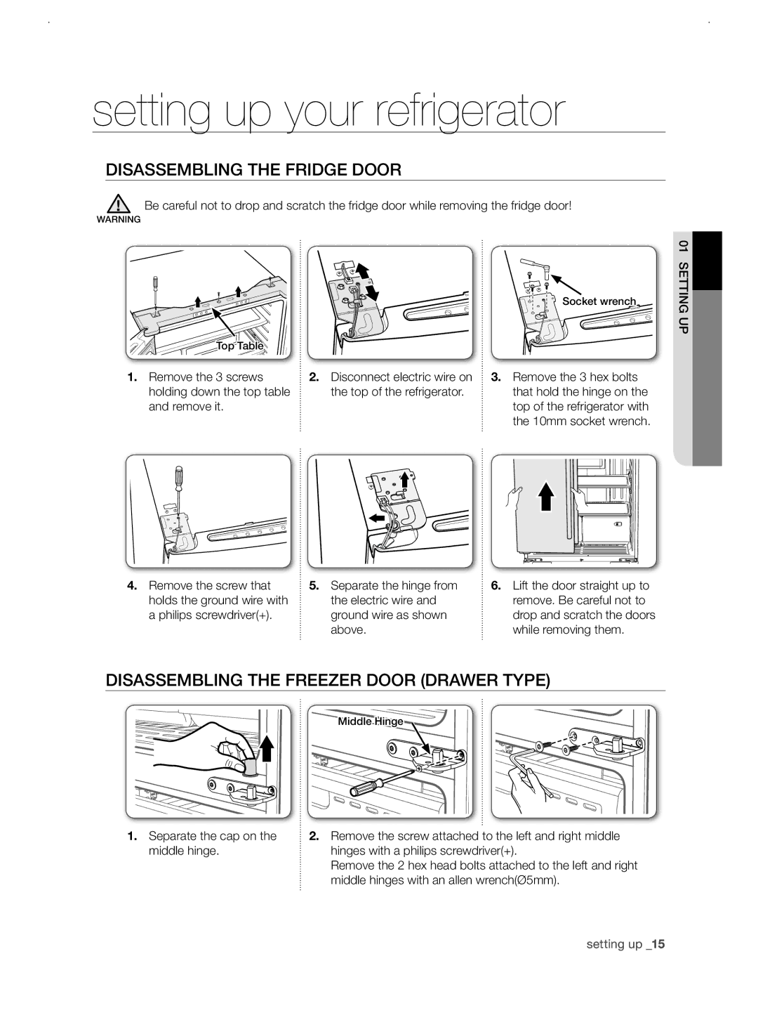 Samsung RF62UBPN1/BWT, RF62UBRS1/BWT manual Disassembling the fridge door, Disassembling the freezer door Drawer Type 