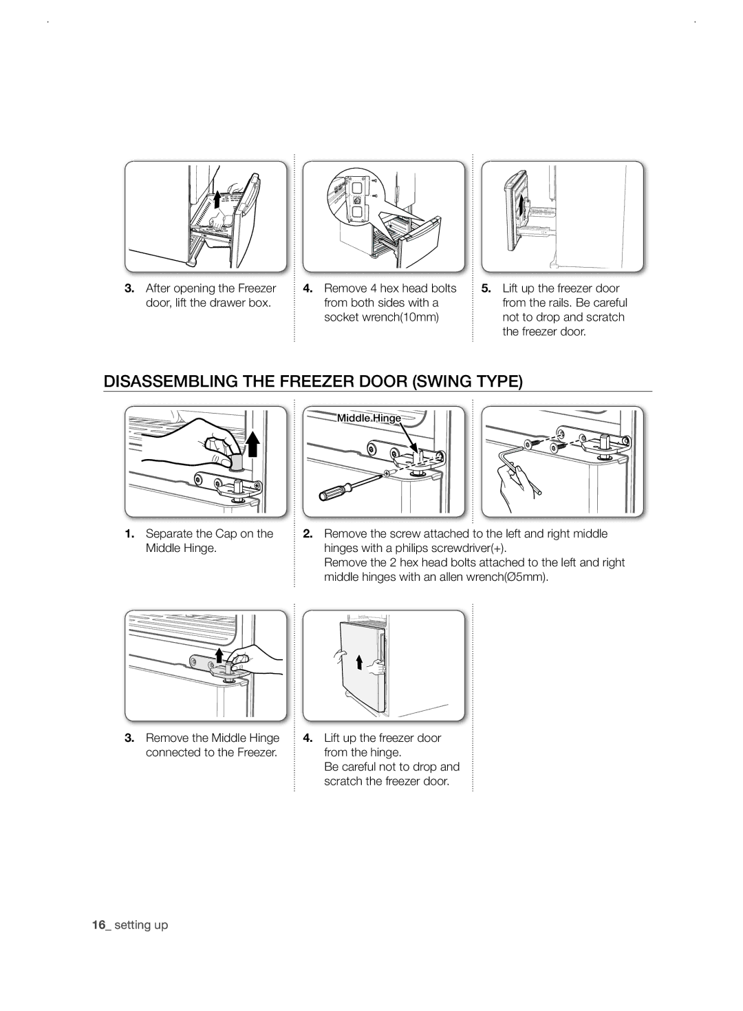 Samsung RF62UBRS1/BWT, RF62UBPN1/BWT manual Disassembling the freezer door swing type 