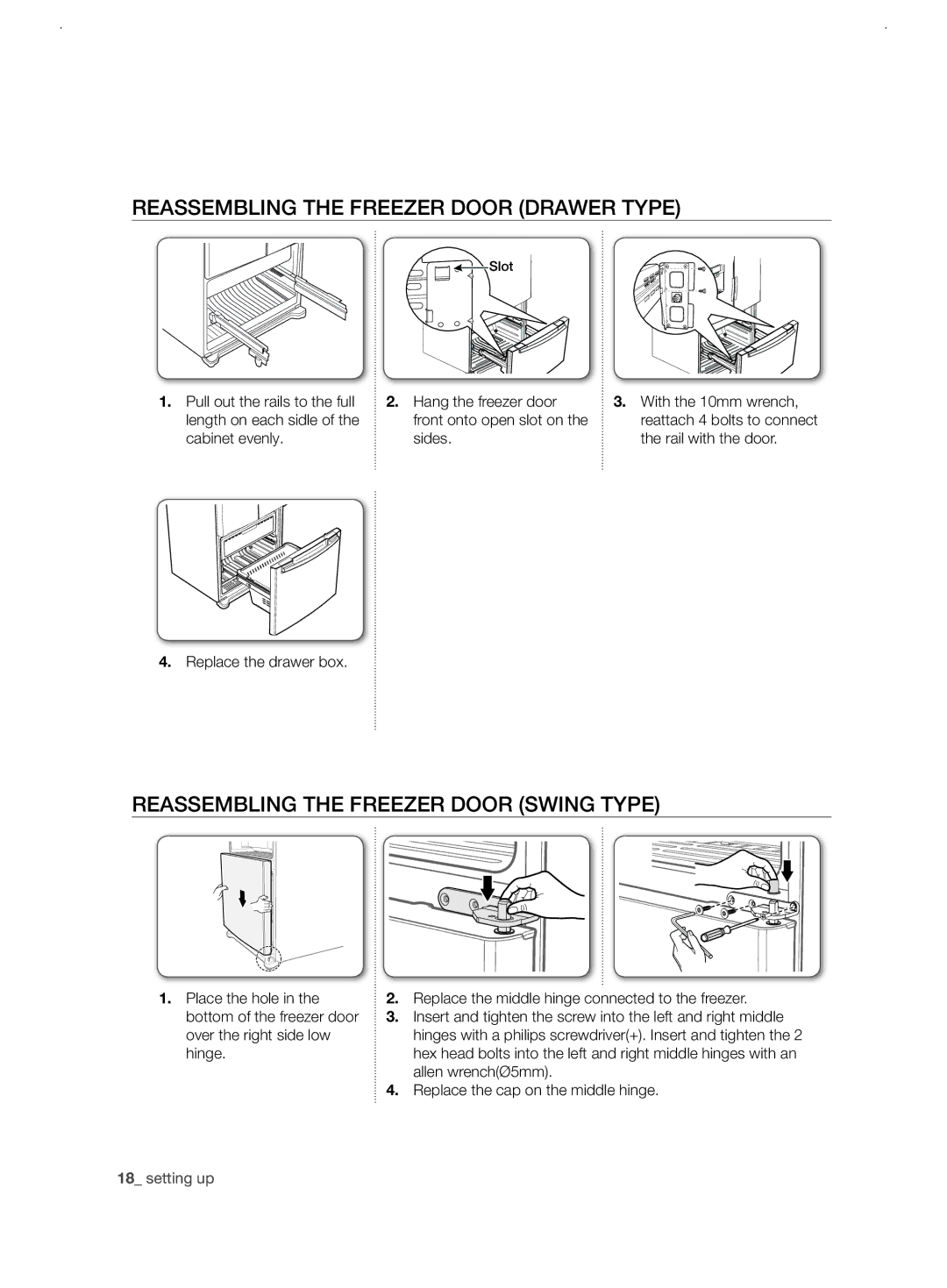 Samsung RF62UBRS1/BWT, RF62UBPN1/BWT Reassembling the freezer door Drawer Type, Reassembling the freezer door Swing Type 