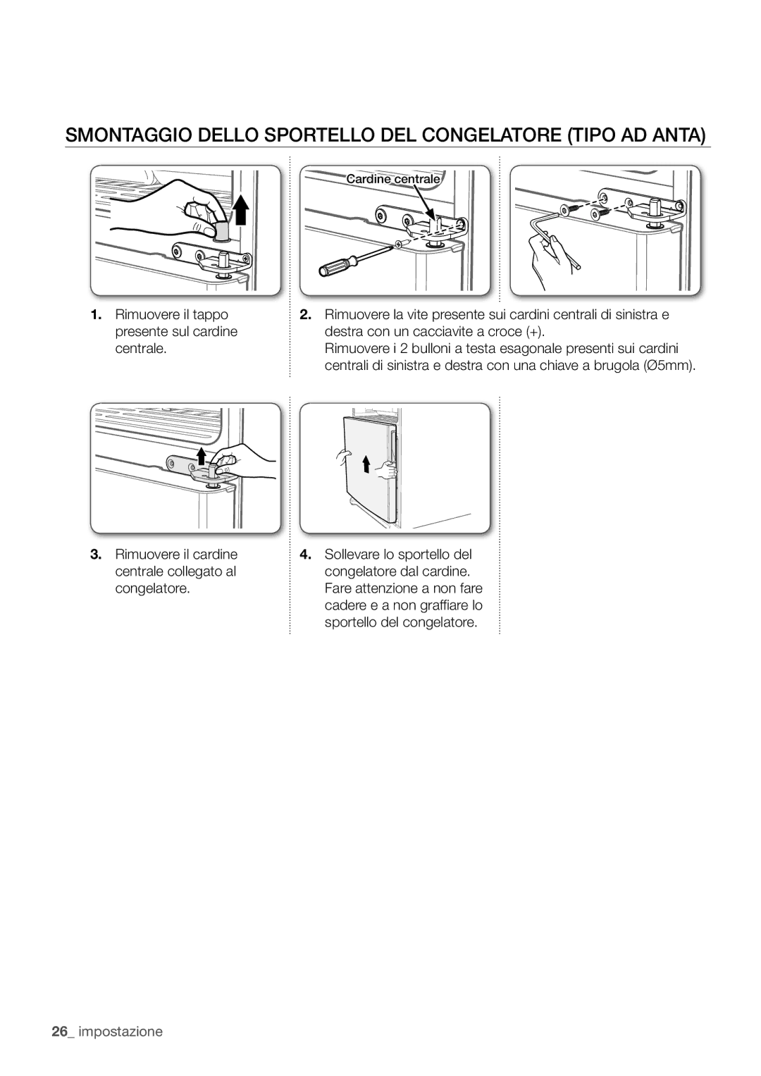 Samsung RF62UBPN1/XES, RF67VBPN1/XES, RF62UBRS1/XES manual Smontaggio Dello Sportello DEL Congelatore Tipo AD Anta 