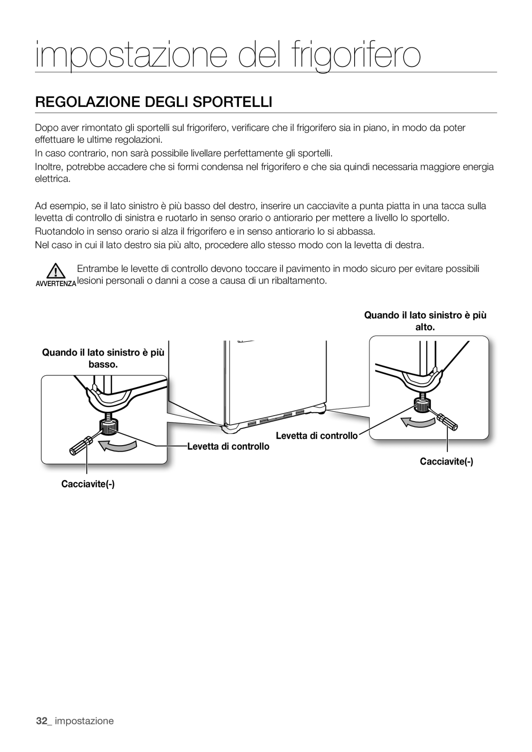 Samsung RF62UBPN1/XES, RF67VBPN1/XES, RF62UBRS1/XES manual Regolazione Degli Sportelli 