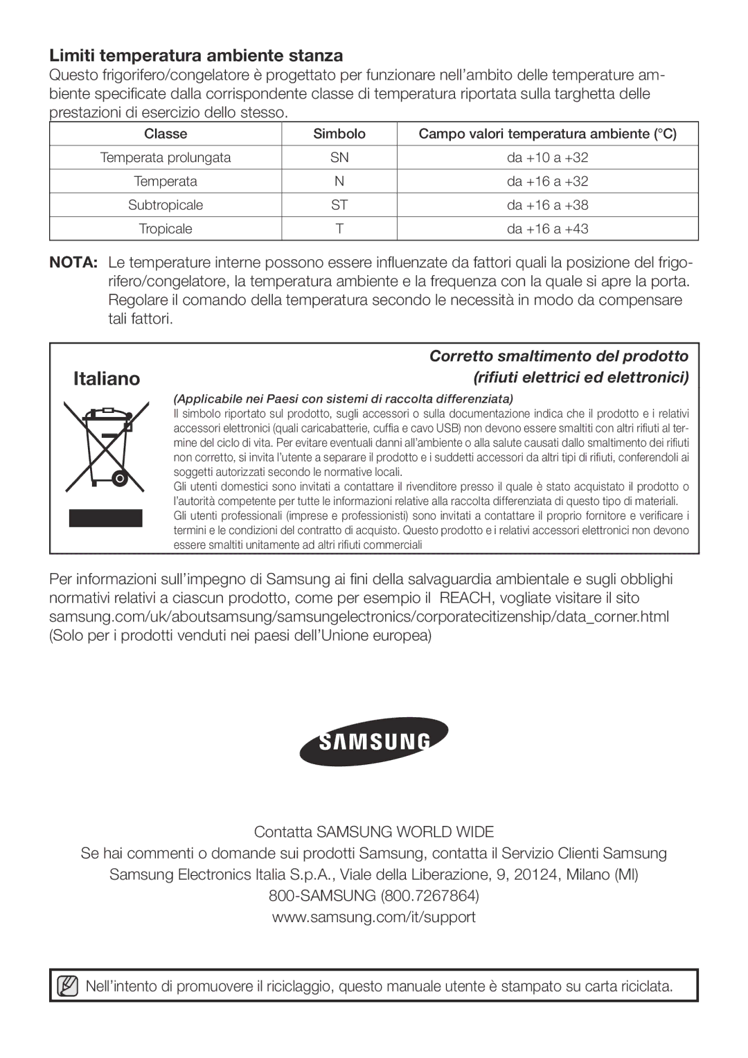 Samsung RF62UBPN1/XES, RF67VBPN1/XES, RF62UBRS1/XES manual Limiti temperatura ambiente stanza 