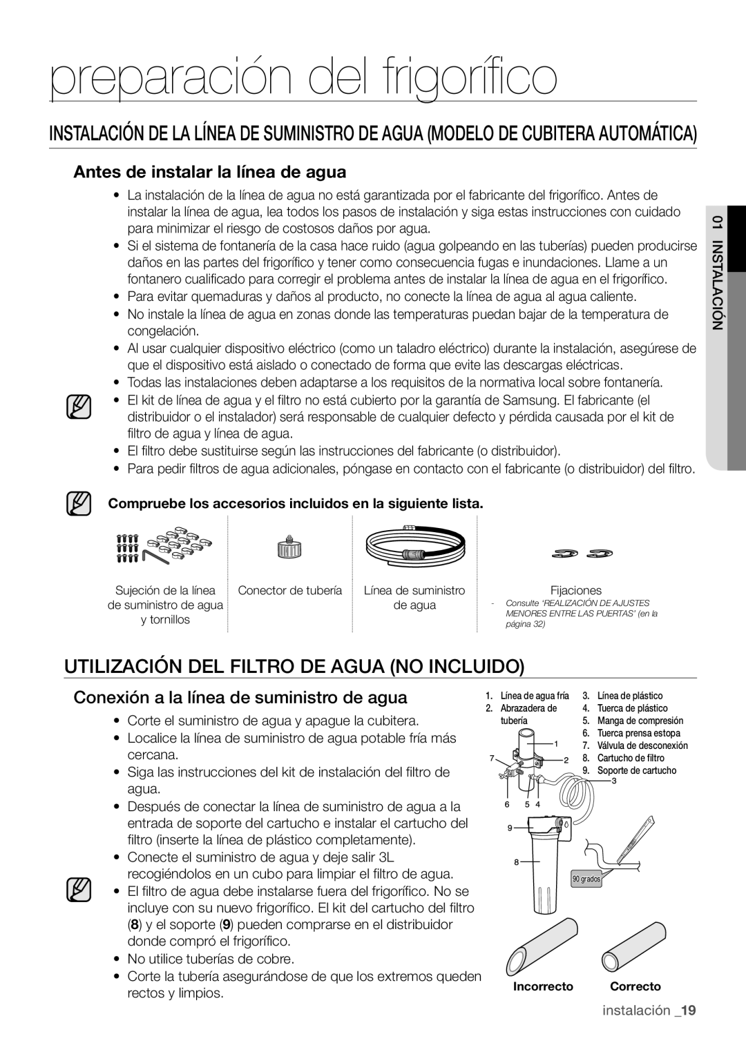 Samsung RF67VBPN1/XES manual Utilización DEL Filtro DE Agua no Incluido, Antes de instalar la línea de agua 