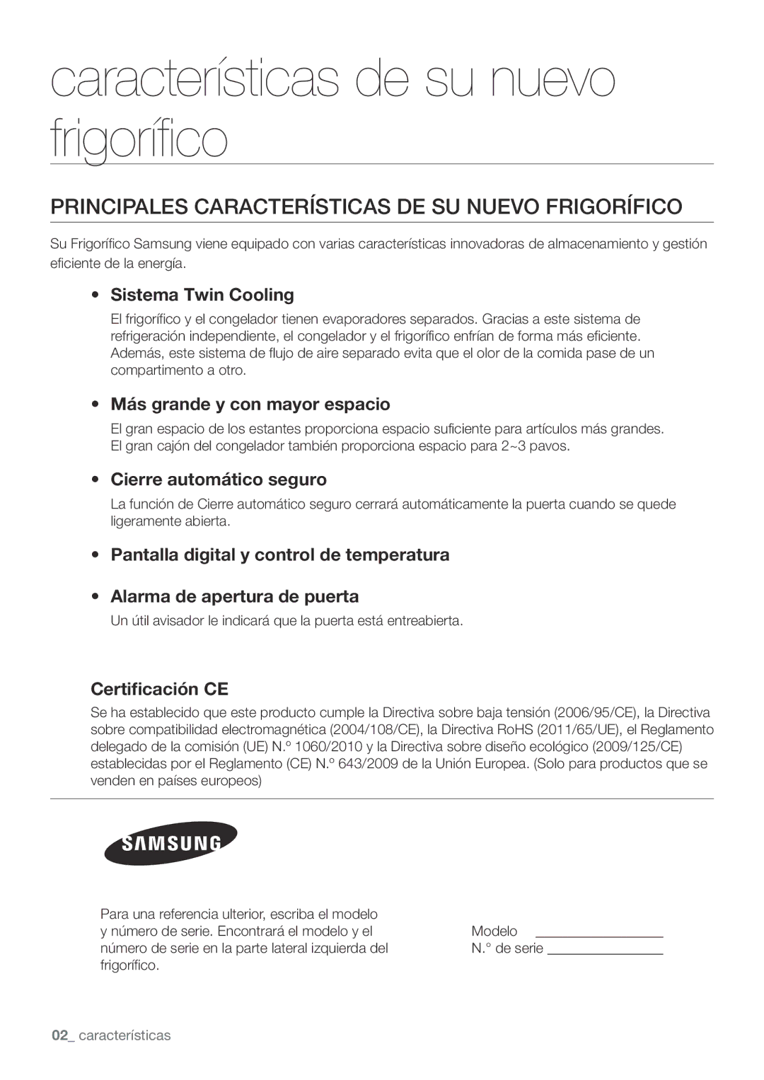 Samsung RF67VBPN1/XES manual Características de su nuevo frigorífico, Principales Características DE SU Nuevo Frigorífico 