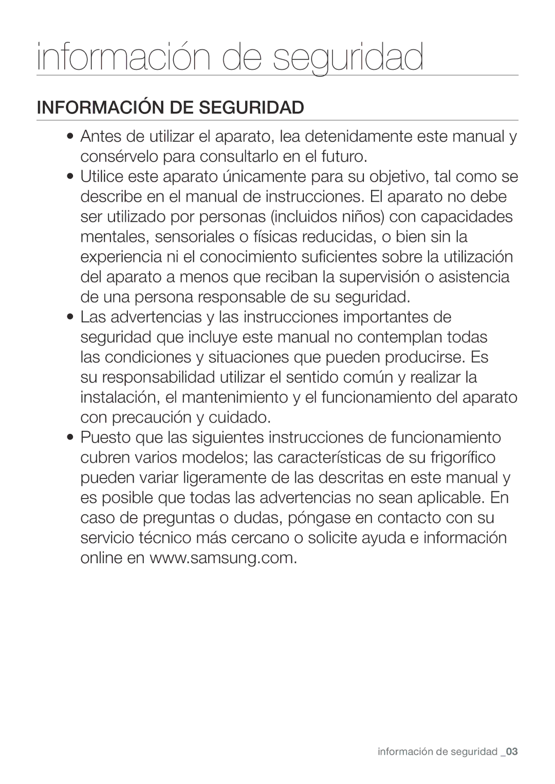 Samsung RF67VBPN1/XES manual Información de seguridad, Información DE Seguridad 