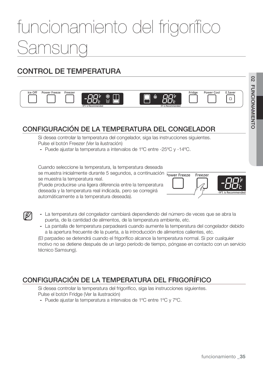 Samsung RF67VBPN1/XES manual Control DE Temperatura, Configuración DE LA Temperatura DEL Congelador 