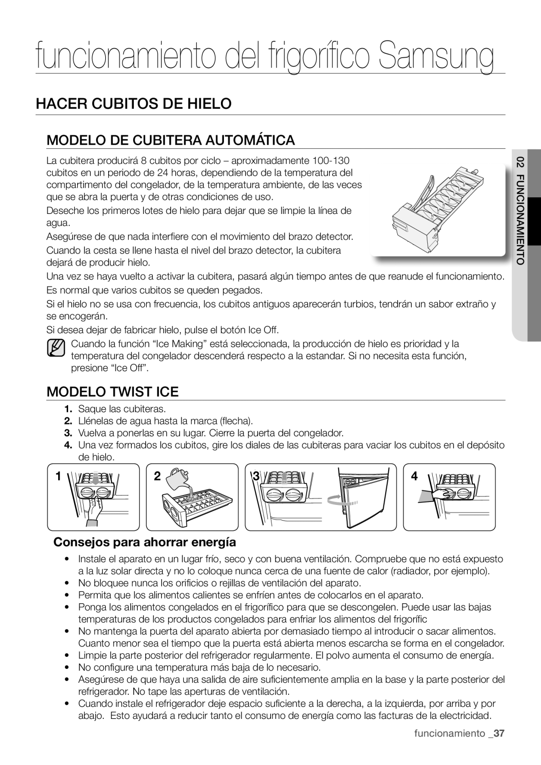 Samsung RF67VBPN1/XES manual Consejos para ahorrar energía, Hacer Cubitos DE Hielo Modelo DE Cubitera Automática 