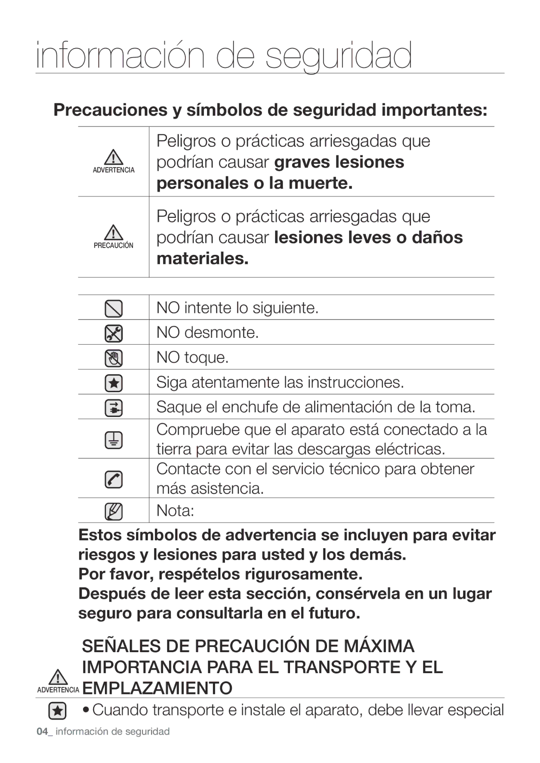 Samsung RF67VBPN1/XES manual Precauciones y símbolos de seguridad importantes 