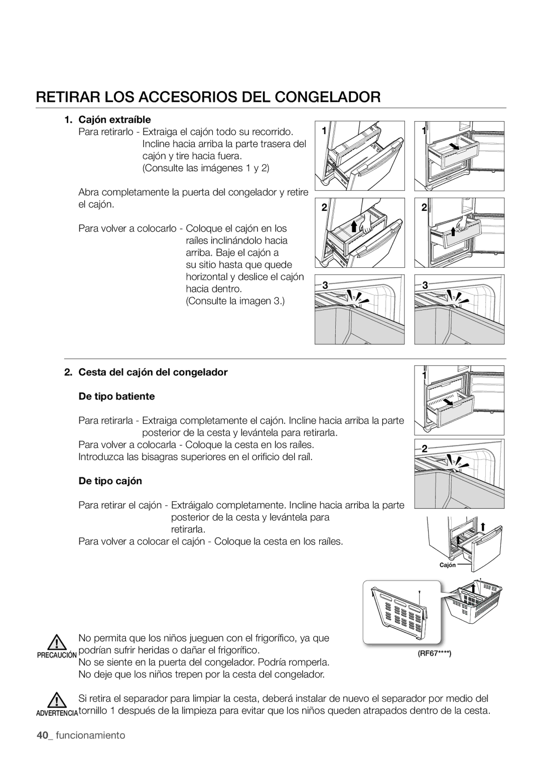 Samsung RF67VBPN1/XES manual Retirar LOS Accesorios DEL Congelador, Cajón extraíble 