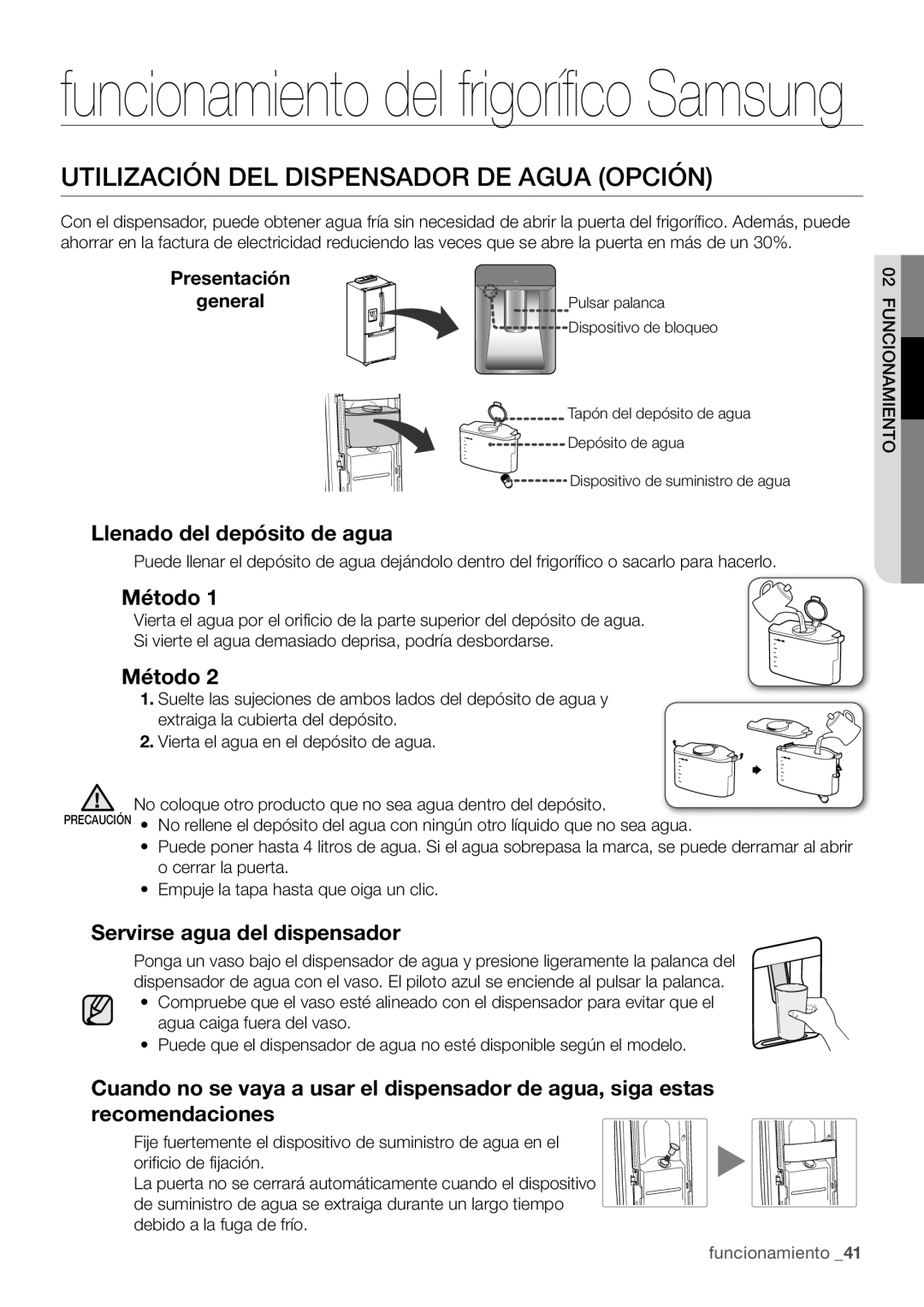 Samsung RF67VBPN1/XES manual Utilización DEL Dispensador DE Agua Opción, Llenado del depósito de agua, Método 