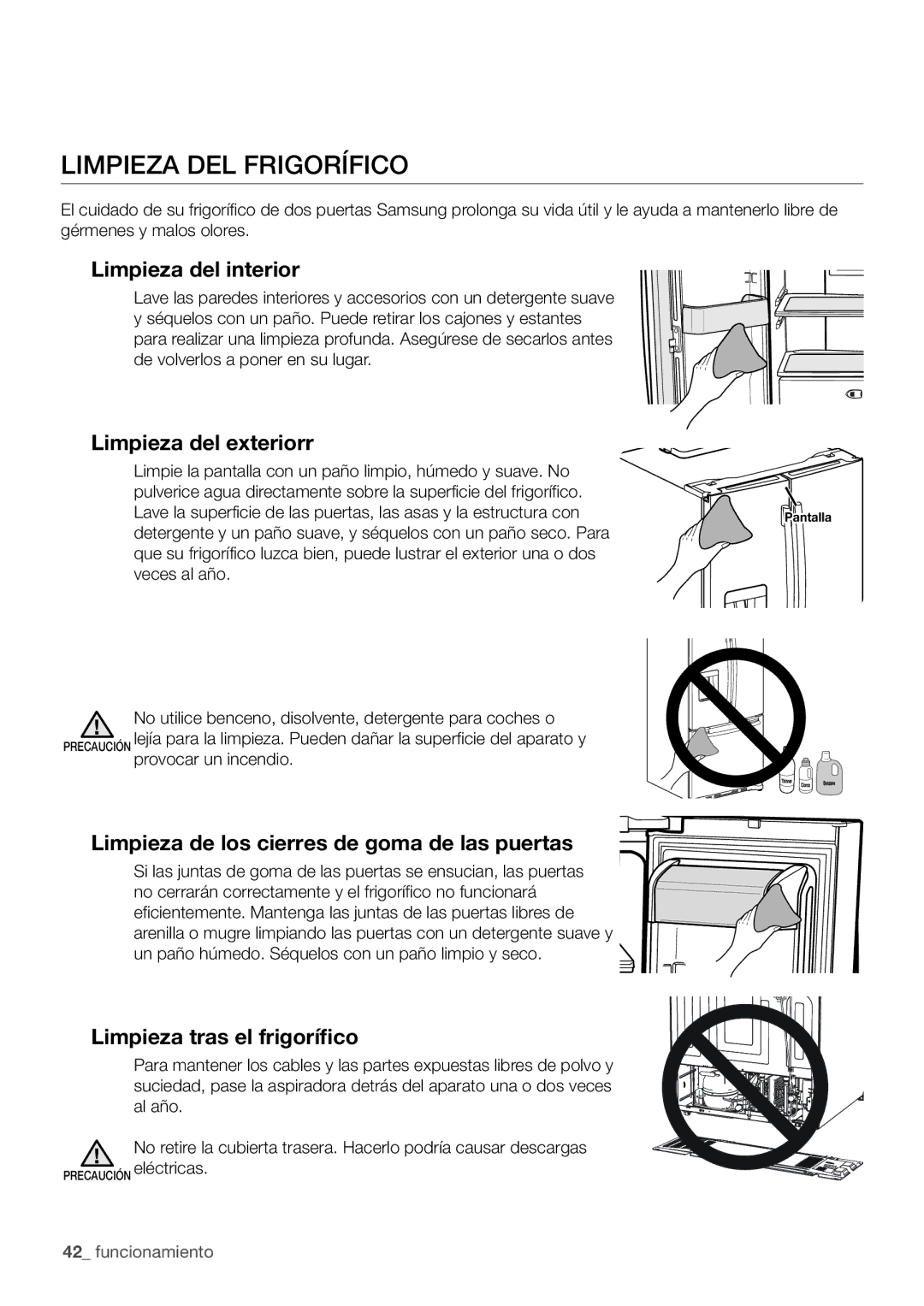 Samsung RF67VBPN1/XES manual Limpieza DEL Frigorífico, Limpieza del interior, Limpieza del exteriorr 