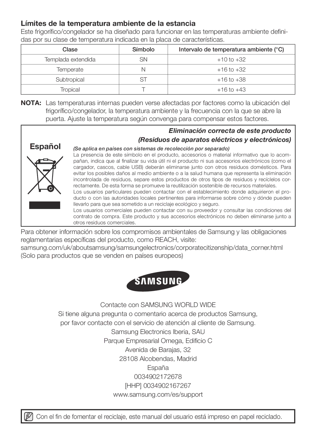 Samsung RF67VBPN1/XES manual Español, Límites de la temperatura ambiente de la estancia 