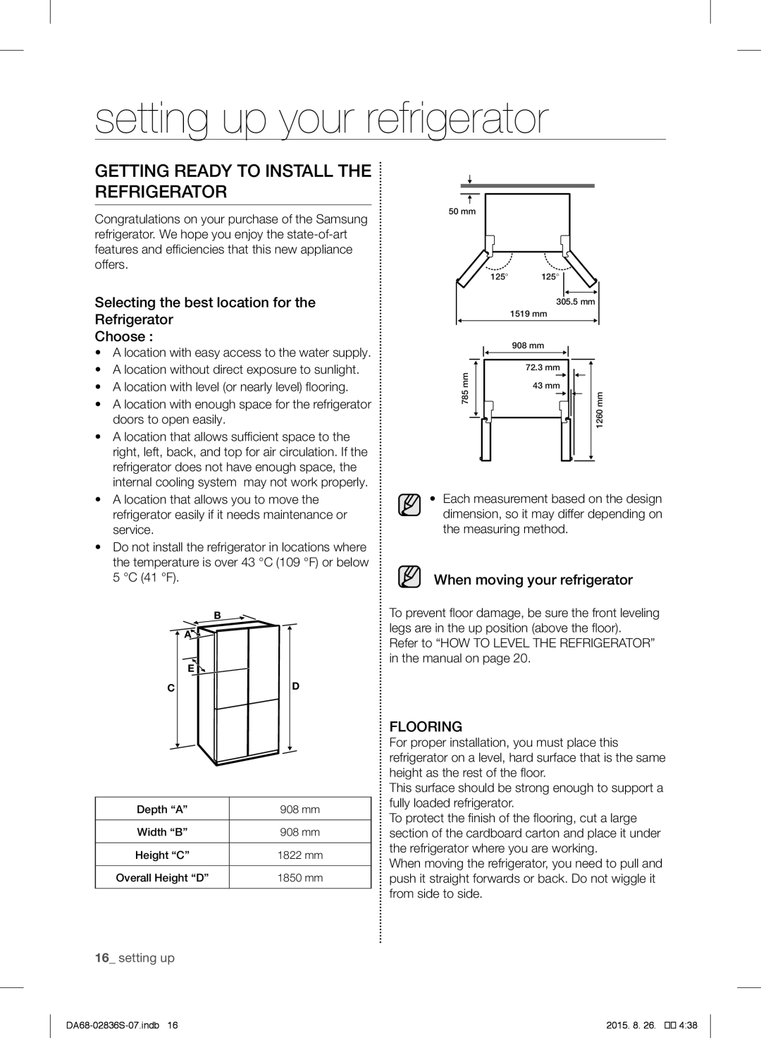 Samsung RF858QALASL/ML manual Setting up your refrigerator, Getting Ready to Install the Refrigerator 