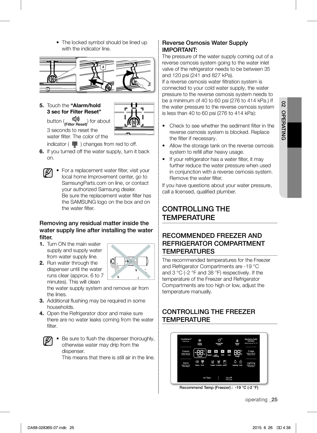 Samsung RF858QALASL/ML manual Controlling Temperature, Controlling the Freezer Temperature, Reverse Osmosis Water Supply 