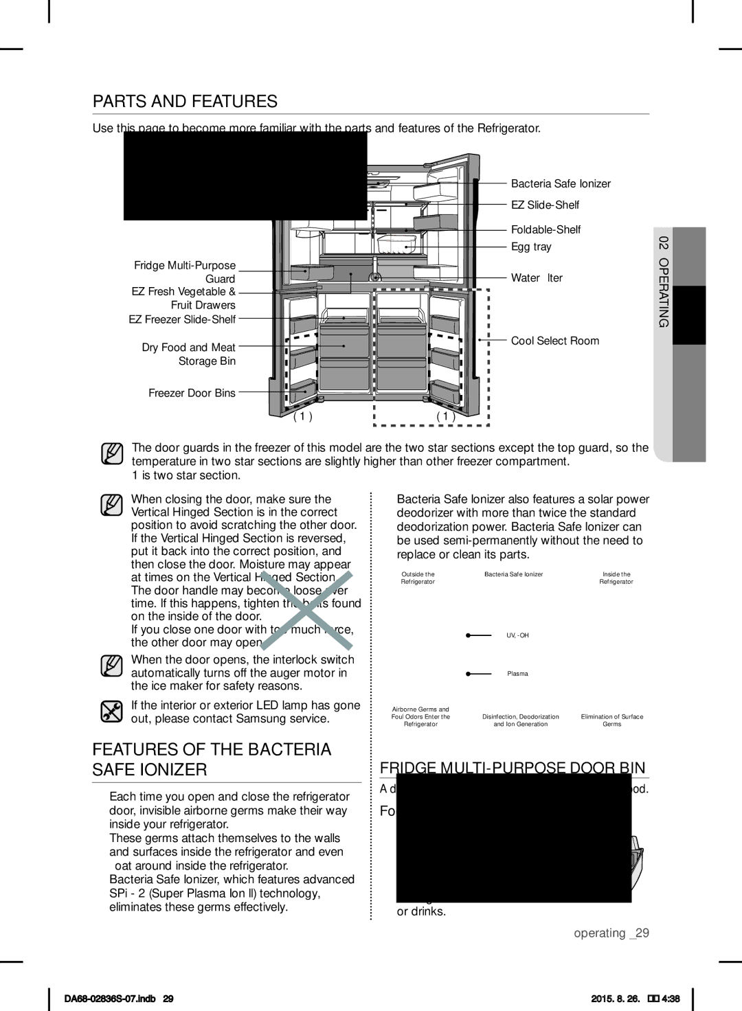 Samsung RF858QALASL/ML manual Parts and Features, Features of the Bacteria Safe Ionizer, Fridge MULTI-PURPOSE Door BIN 