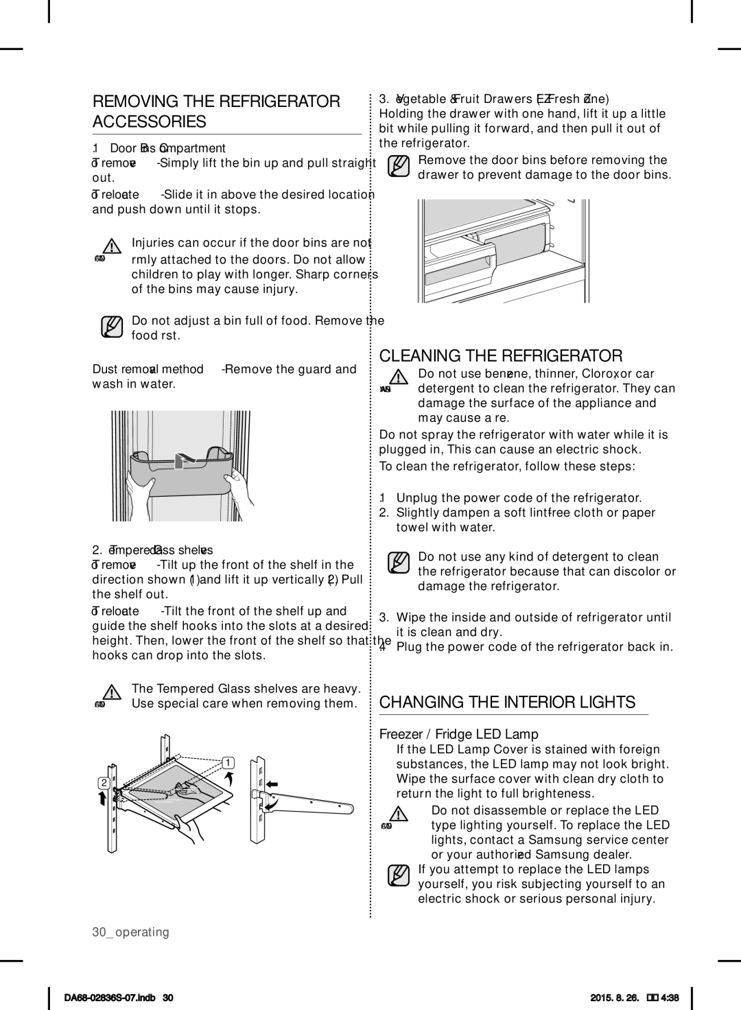 Samsung RF858QALASL/ML Removing the Refrigerator Accessories, Cleaning the Refrigerator, Changing the Interior Lights 