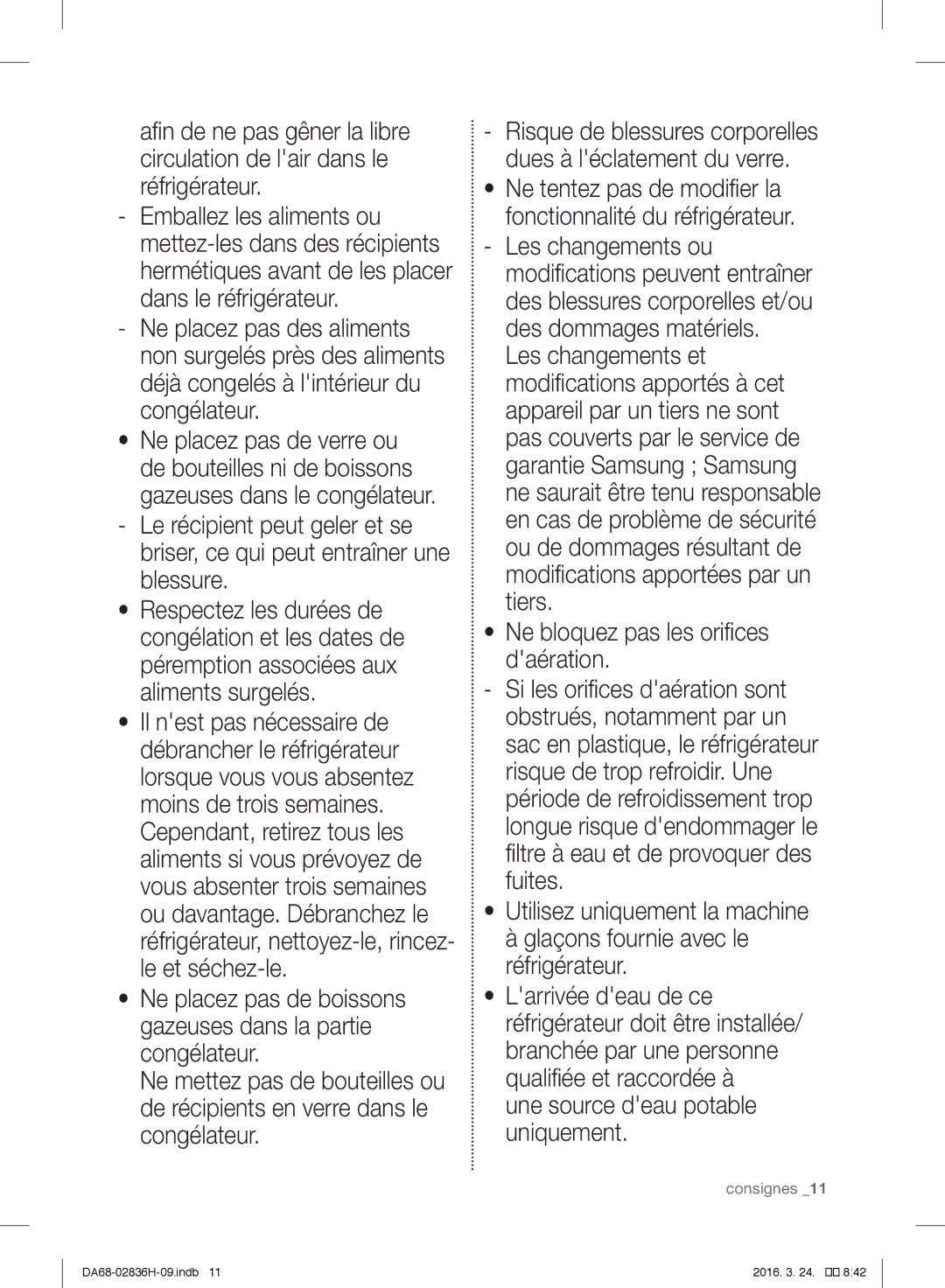 Samsung RF858VALASL/EF manual Ne bloquez pas les orifices daération, Une source deau potable uniquement 