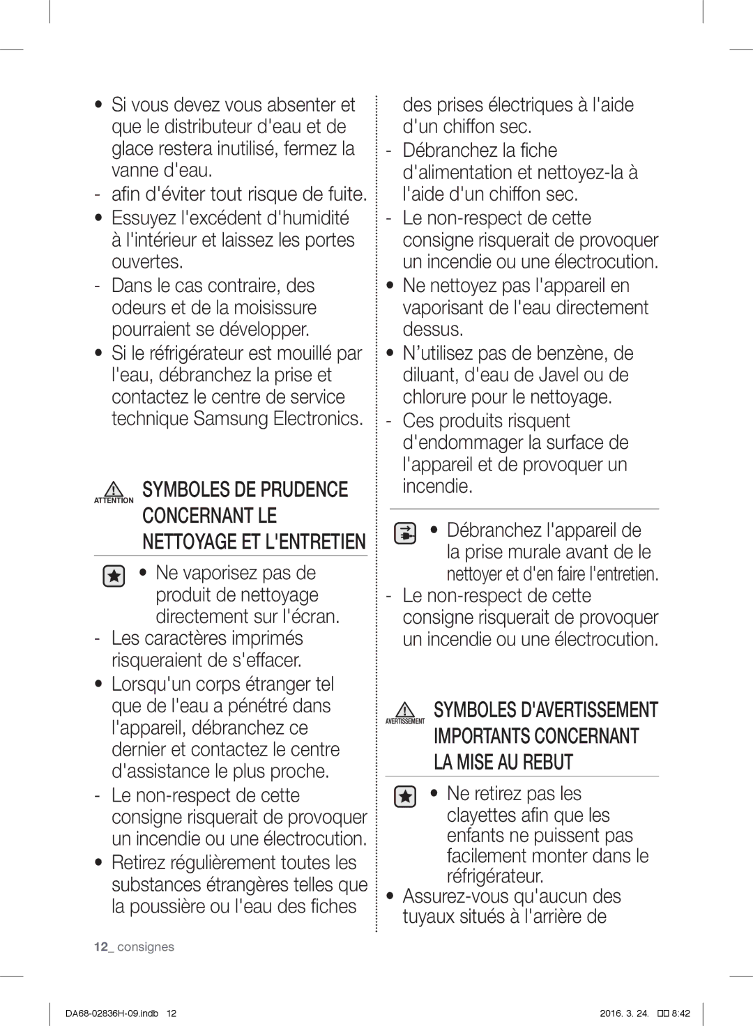 Samsung RF858VALASL/EF manual LA Mise AU Rebut, Symboles DE Prudence Attention Concernant LE 