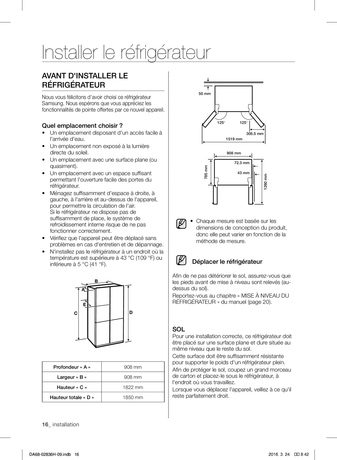 Samsung RF858VALASL/EF manual Installer le réfrigérateur, Avant Dinstaller LE Réfrigérateur, Quel emplacement choisir ? 