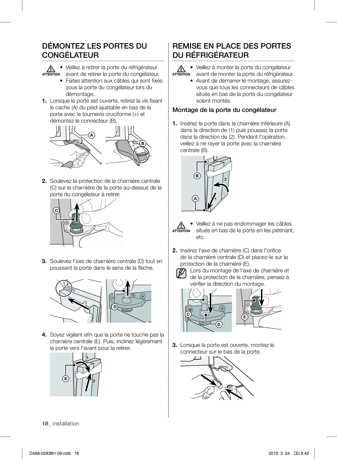 Samsung RF858VALASL/EF manual Démontez LES Portes DU Congélateur, Soulevez la protection de la charnière centrale, Etc 