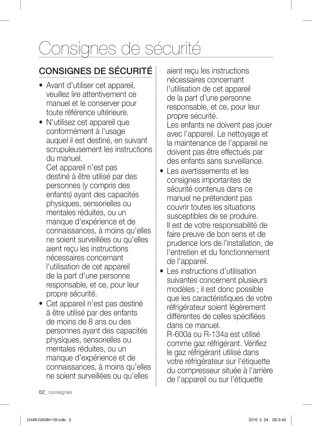 Samsung RF858VALASL/EF manual Consignes de sécurité, Consignes DE Sécurité 