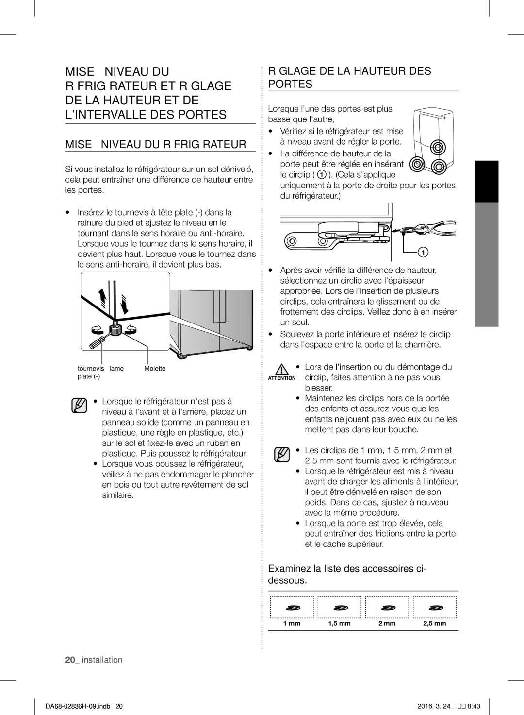 Samsung RF858VALASL/EF manual Mise À Niveau DU Réfrigérateur, Réglage DE LA Hauteur DES Portes 