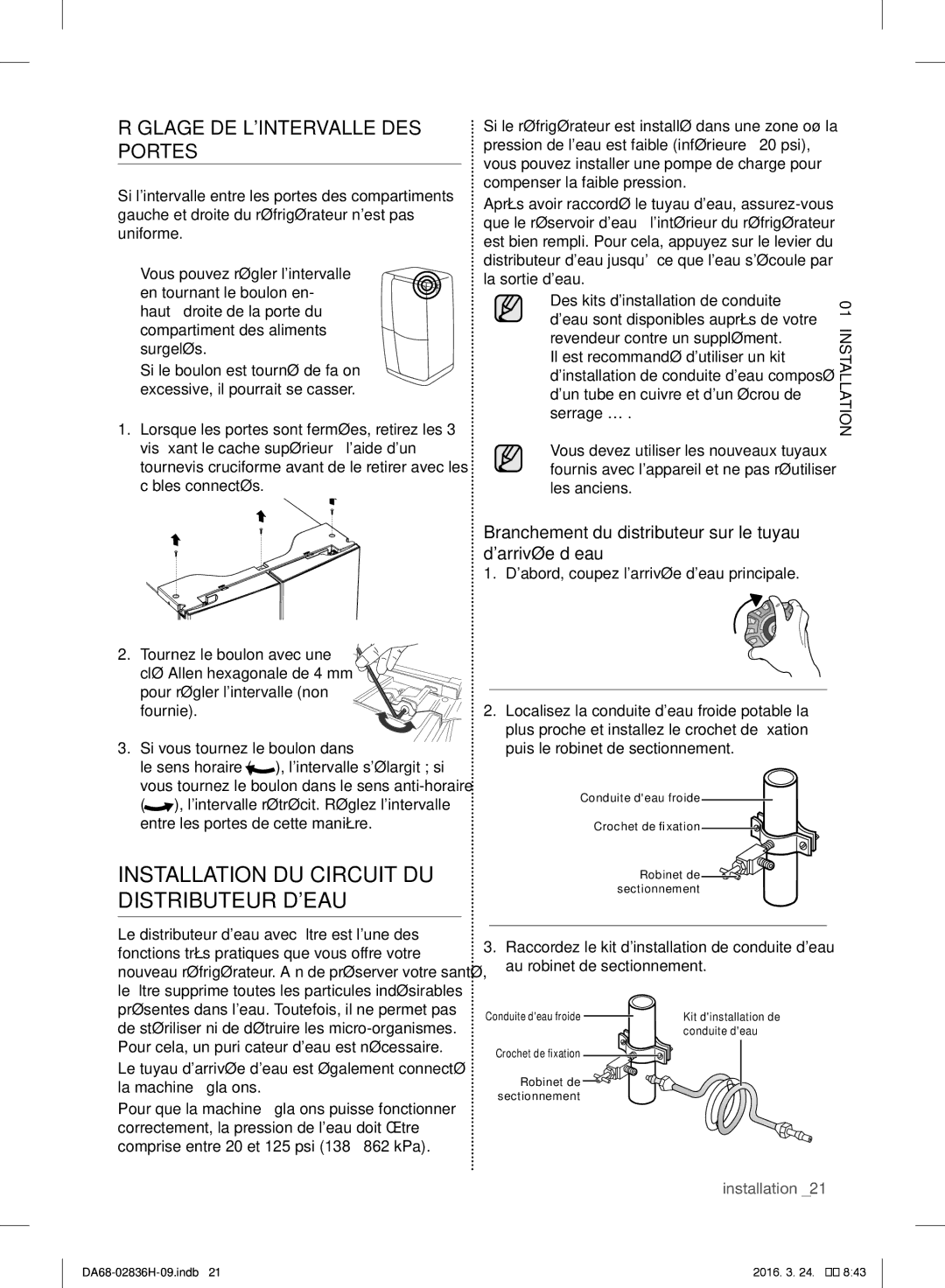 Samsung RF858VALASL/EF manual Installation DU Circuit DU Distributeur Deau, Réglage DE Lintervalle DES Portes 