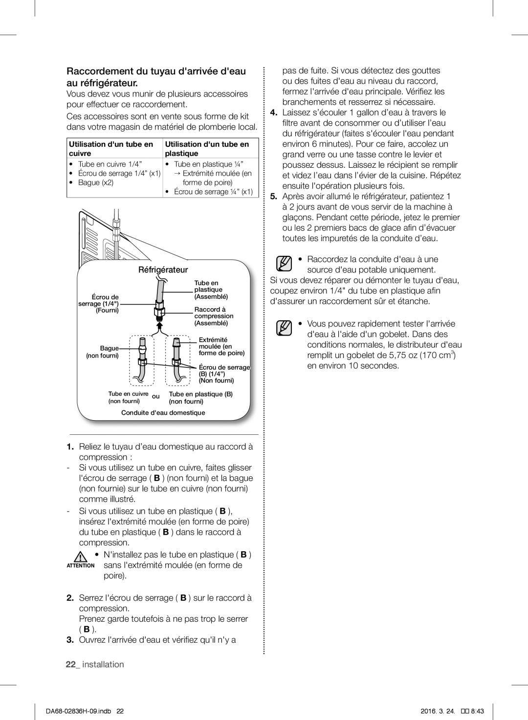 Samsung RF858VALASL/EF manual Raccordement du tuyau darrivée deau au réfrigérateur, Réfrigérateur 