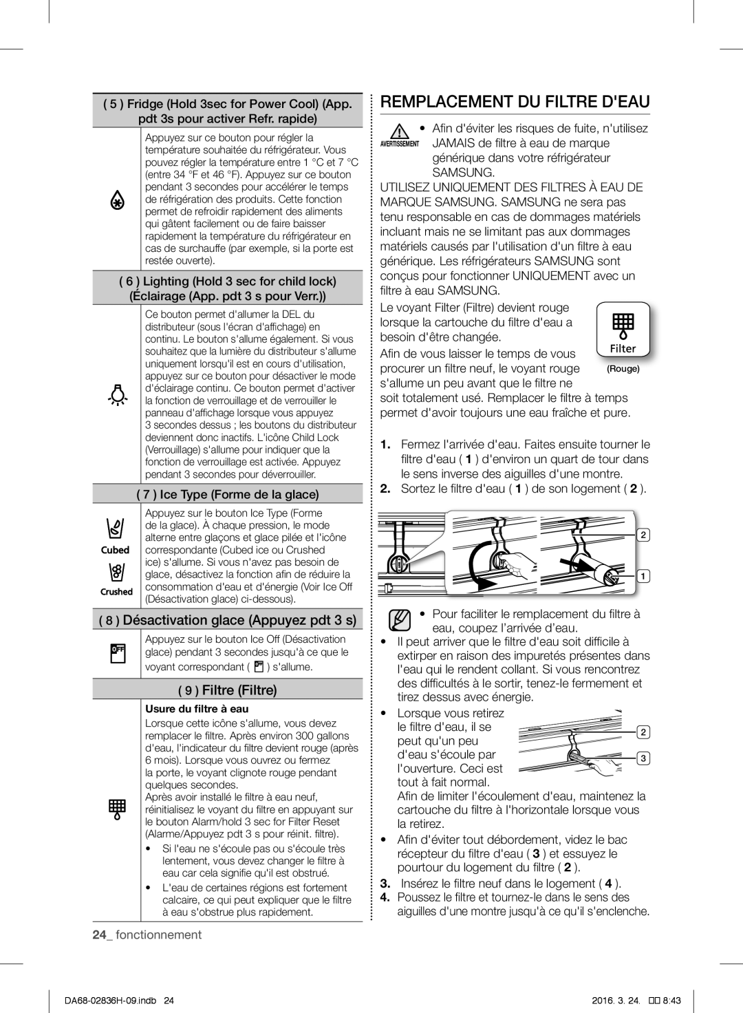 Samsung RF858VALASL/EF manual Remplacement DU Filtre Deau, Désactivation glace Appuyez pdt 3 s, Filtre Filtre 