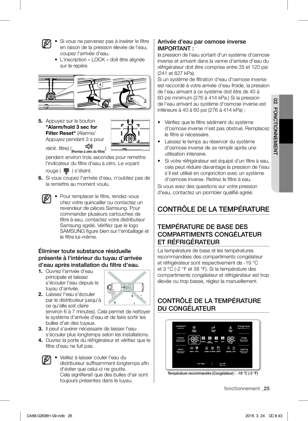 Samsung RF858VALASL/EF manual Contrôle DE LA Température, Arrivée deau par osmose inverse 