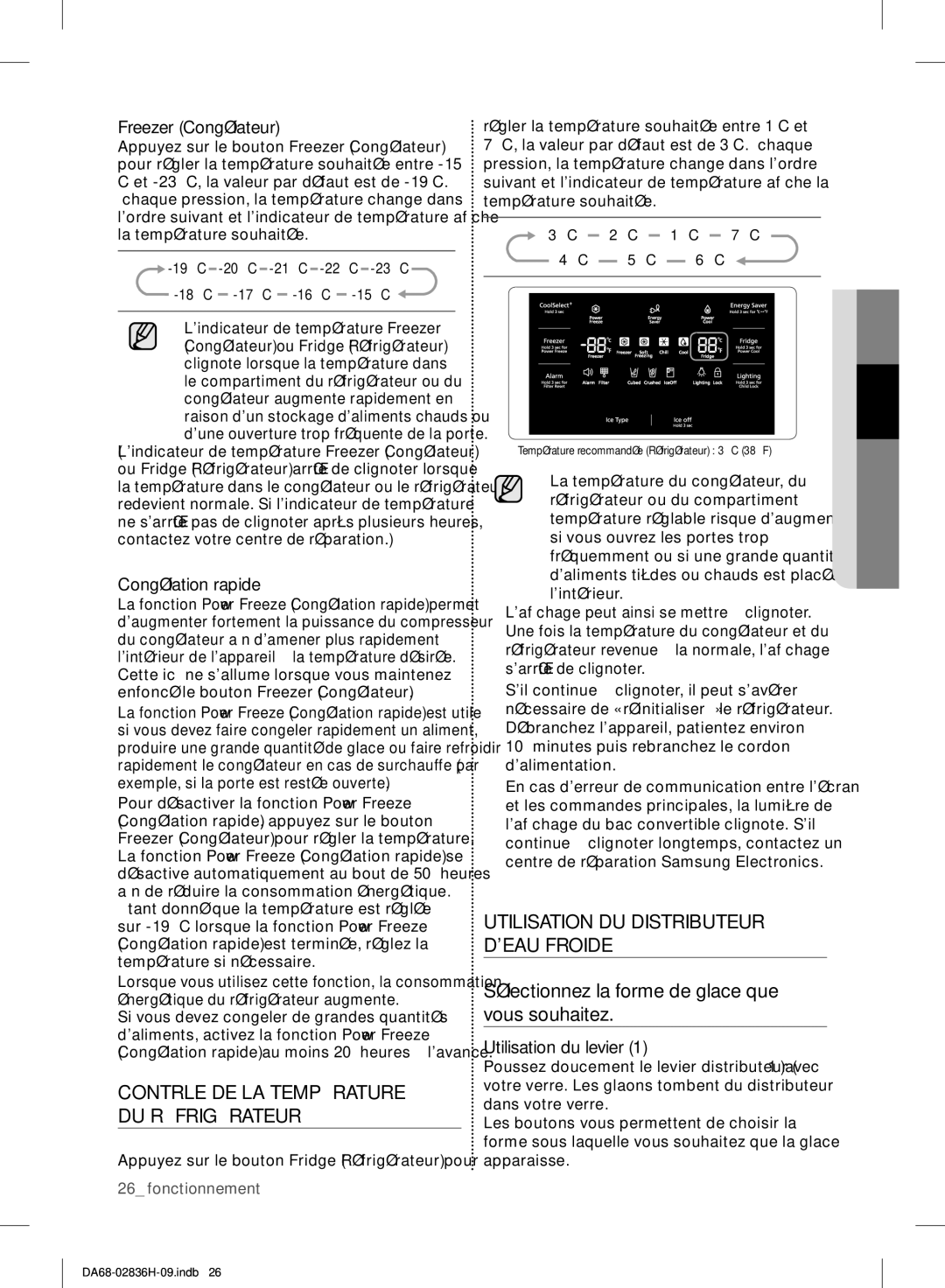 Samsung RF858VALASL/EF manual Contrôle DE LA Température DU Réfrigérateur, Utilisation DU Distributeur Deau Froide 