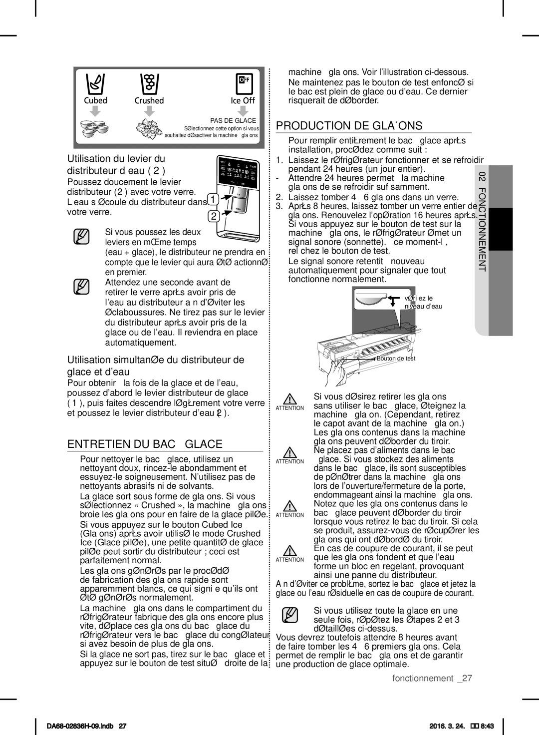 Samsung RF858VALASL/EF manual Entretien DU BAC À Glace, Production DE Glaçons, Utilisation du levier du distributeur d’eau 