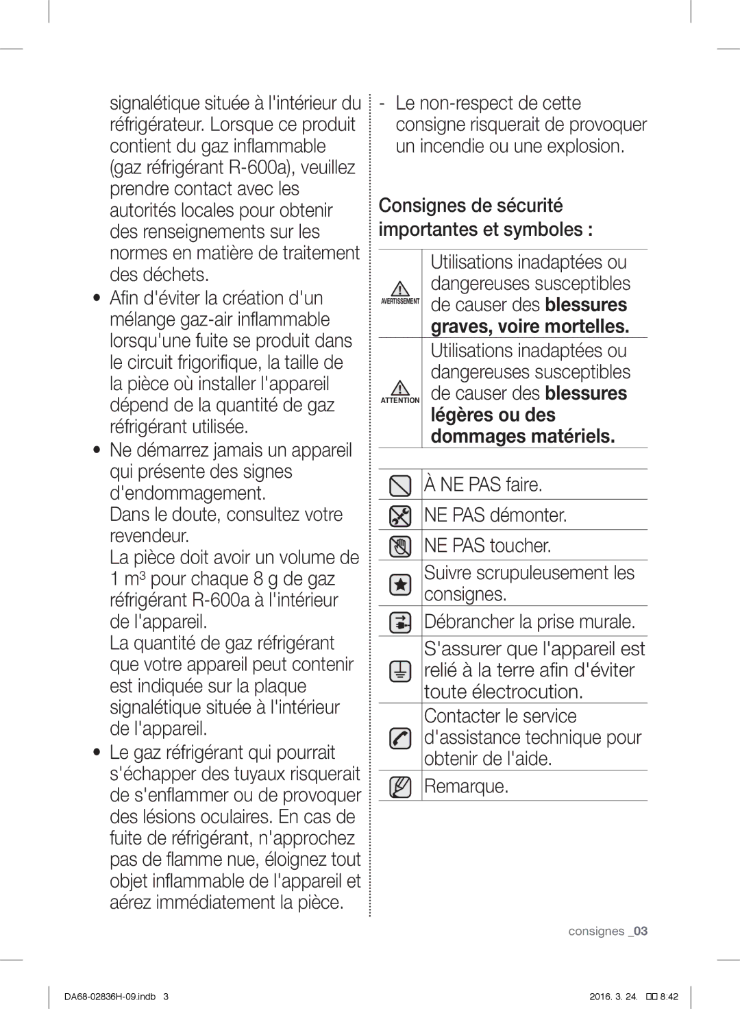 Samsung RF858VALASL/EF manual De causer des blessures, Dommages matériels 