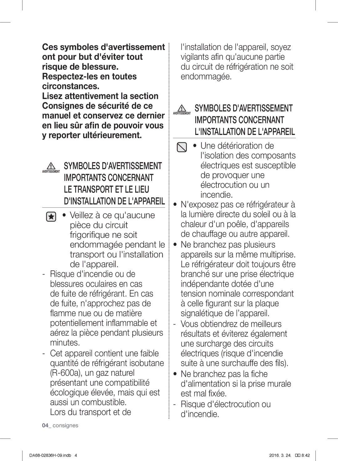 Samsung RF858VALASL/EF manual Lors du transport et de, Symboles Davertissement Avertissement Importants Concernant 