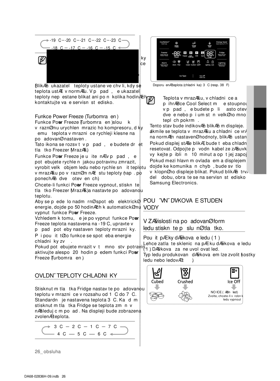 Samsung RF858VALASL/EF Ovládání Teploty Chladničky, Používání Dávkovače Studené Vody, Funkce Power Freeze Turbomražení 