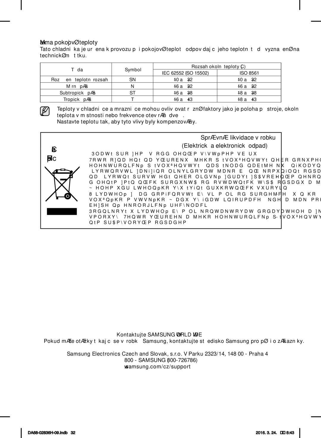 Samsung RF858VALASL/EF manual Czech Republic, Maxima pokojové teploty 