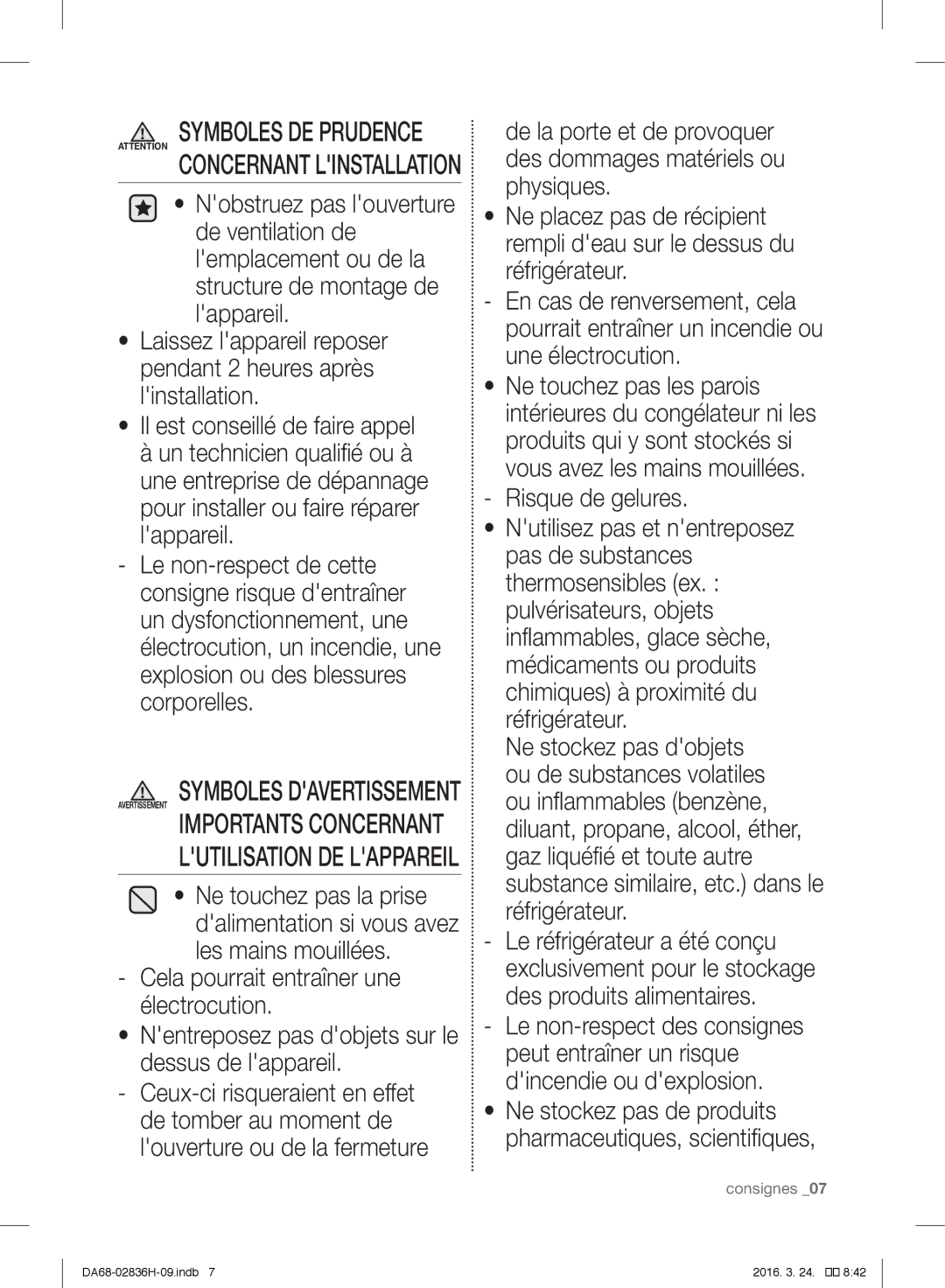 Samsung RF858VALASL/EF manual Risque de gelures, Lutilisation DE Lappareil 