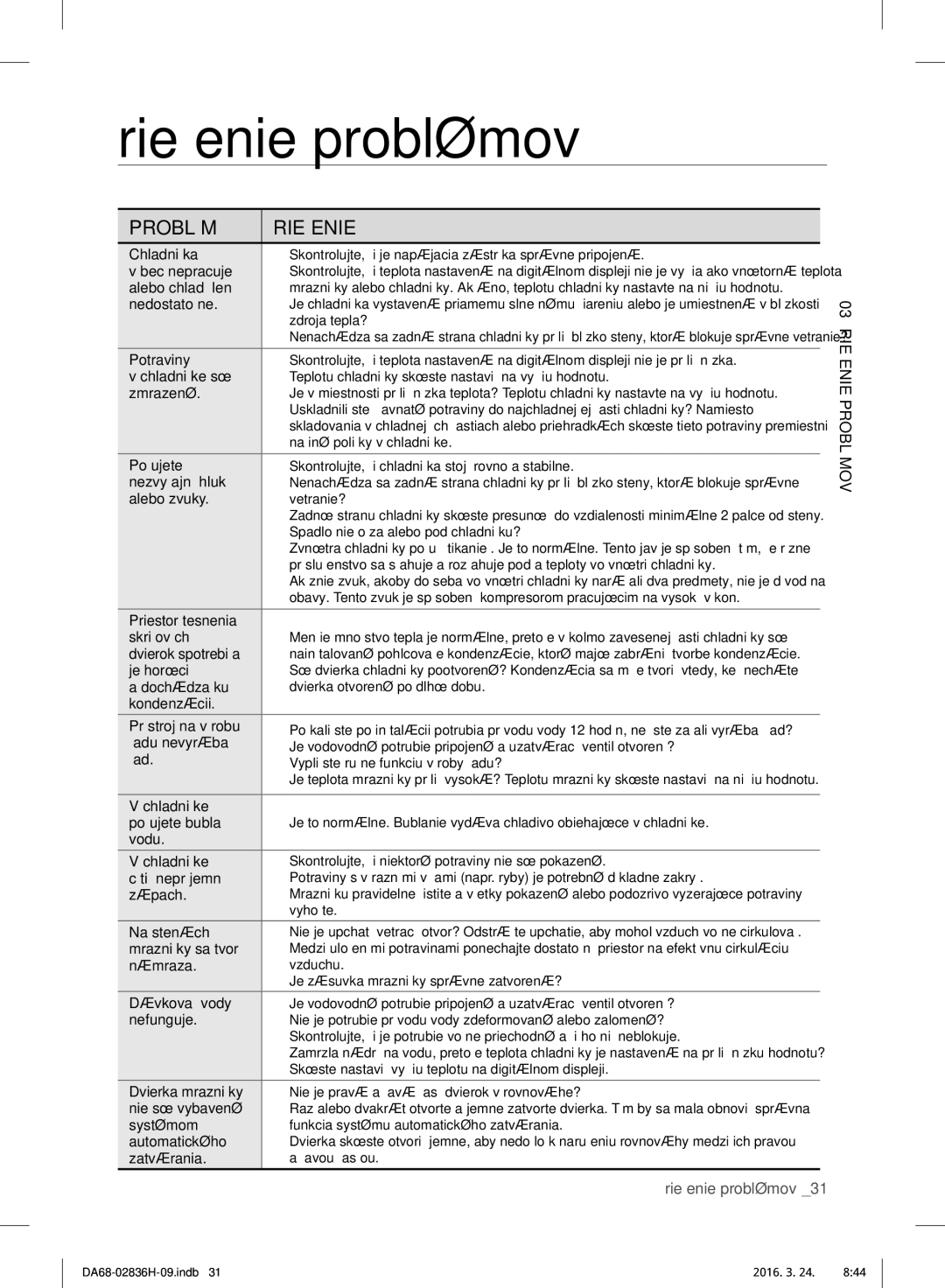 Samsung RF858VALASL/EF manual Riešenie problémov, Problémov 03riešenie 