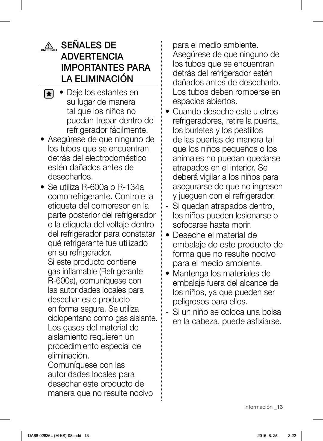 Samsung RF858VALASL/EU manual Advertencia Importantes Para LA Eliminación 