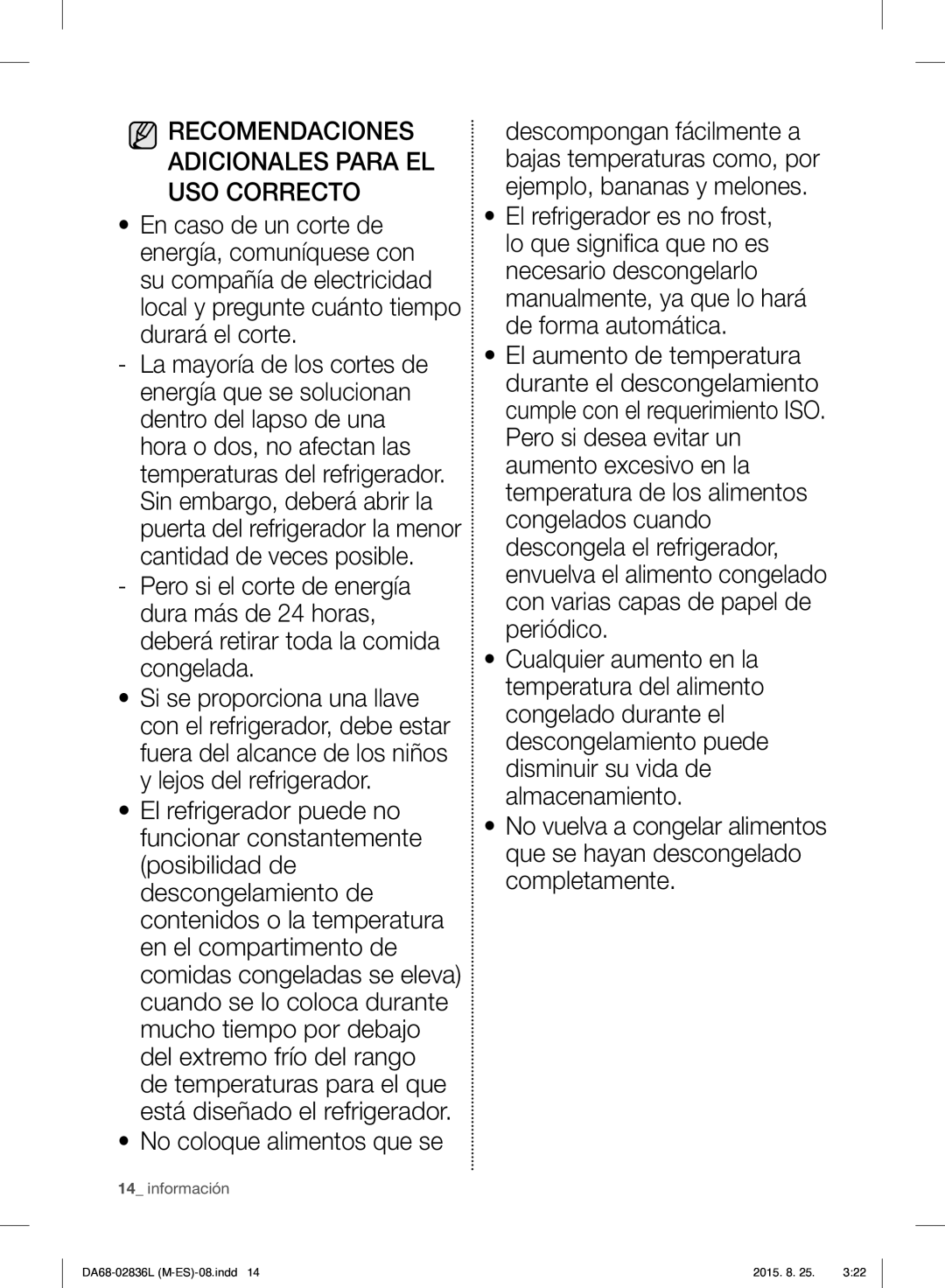 Samsung RF858VALASL/EU manual Recomendaciones Adicionales Para EL USO Correcto 