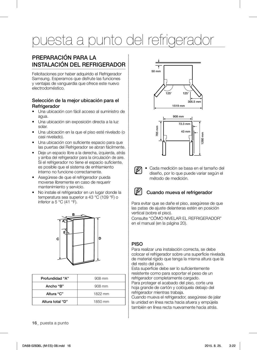 Samsung RF858VALASL/EU manual Puesta a punto del refrigerador, Preparación Para LA Instalación DEL Refrigerador 