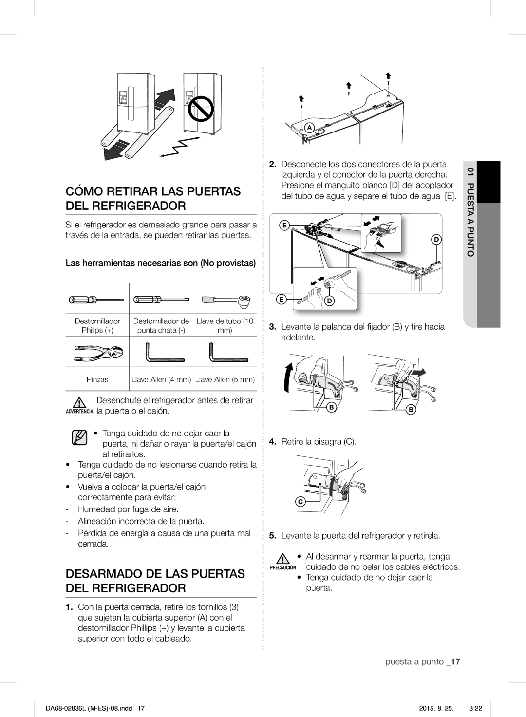 Samsung RF858VALASL/EU manual Cómo Retirar LAS Puertas DEL Refrigerador, Desarmado DE LAS Puertas DEL Refrigerador 