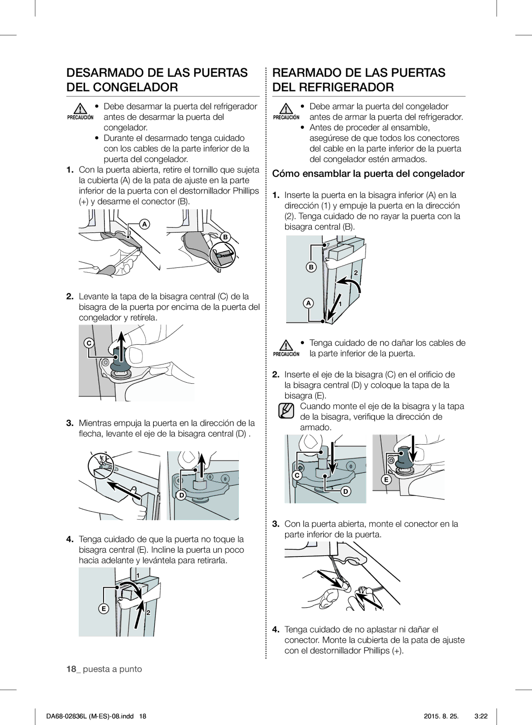 Samsung RF858VALASL/EU manual Desarmado DE LAS Puertas DEL Congelador, Rearmado DE LAS Puertas DEL Refrigerador 