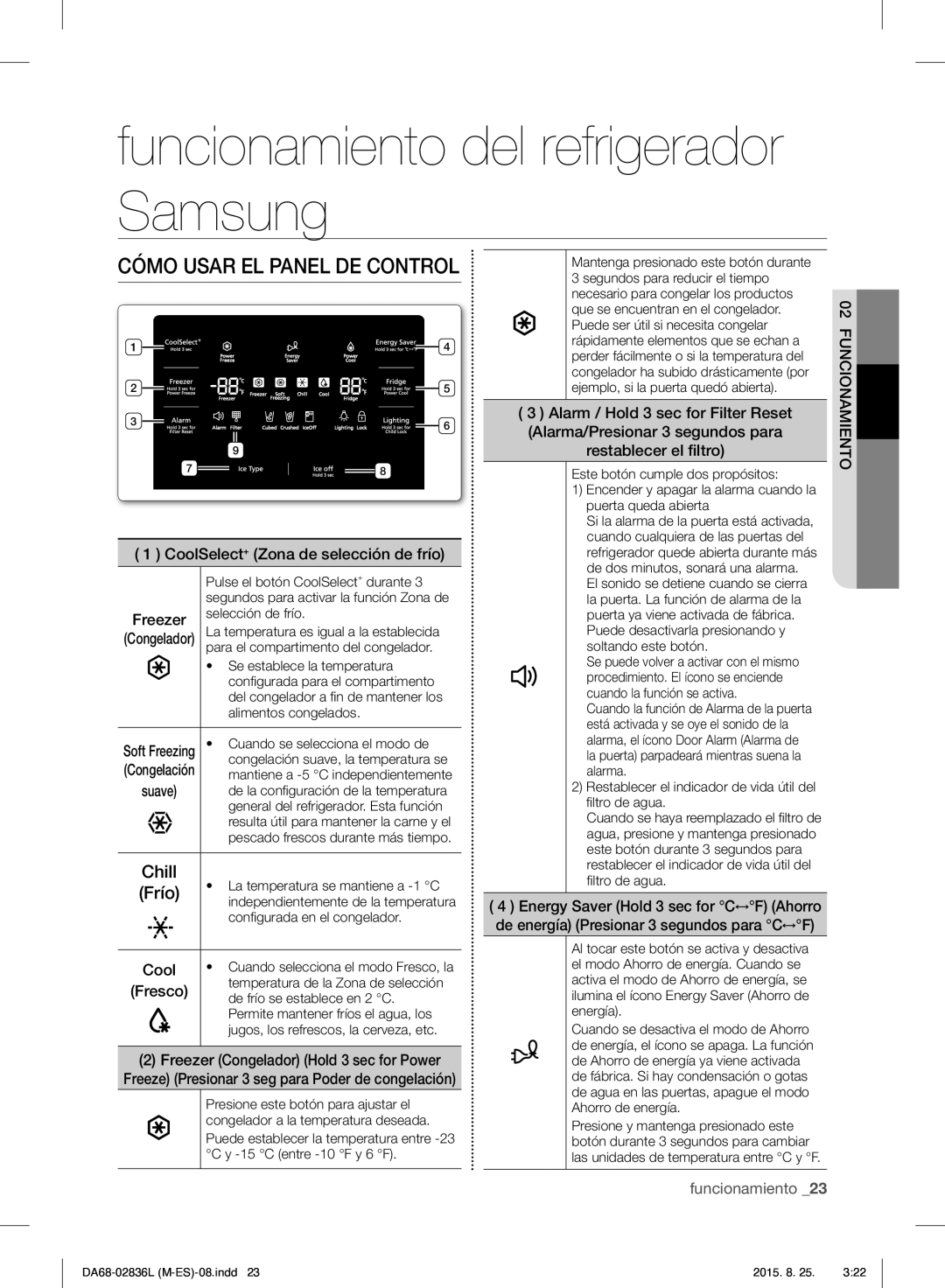 Samsung RF858VALASL/EU manual Funcionamiento del refrigerador Samsung, Cómo Usar EL Panel DE Control 