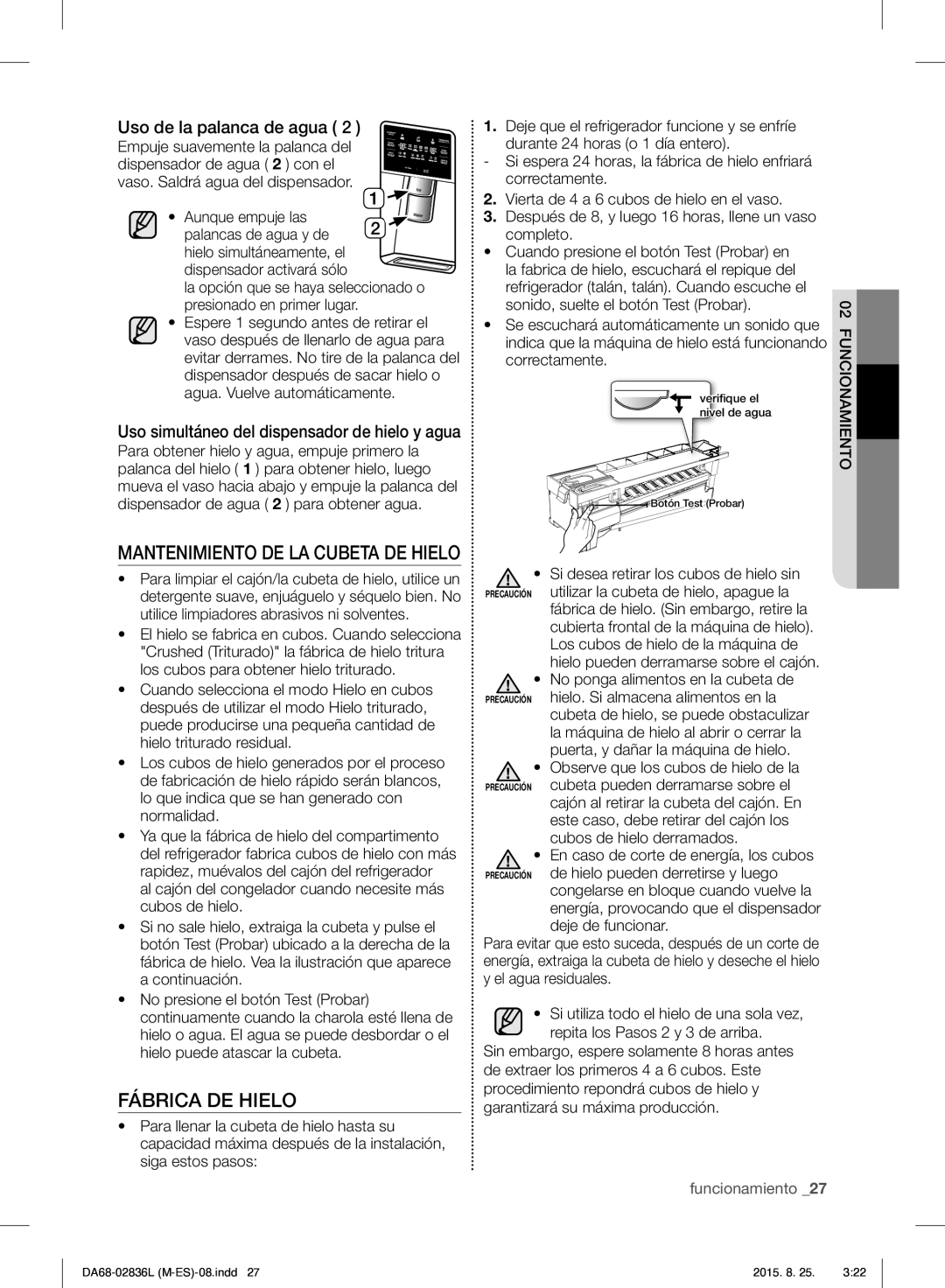 Samsung RF858VALASL/EU manual Fábrica DE Hielo, Uso de la palanca de agua 