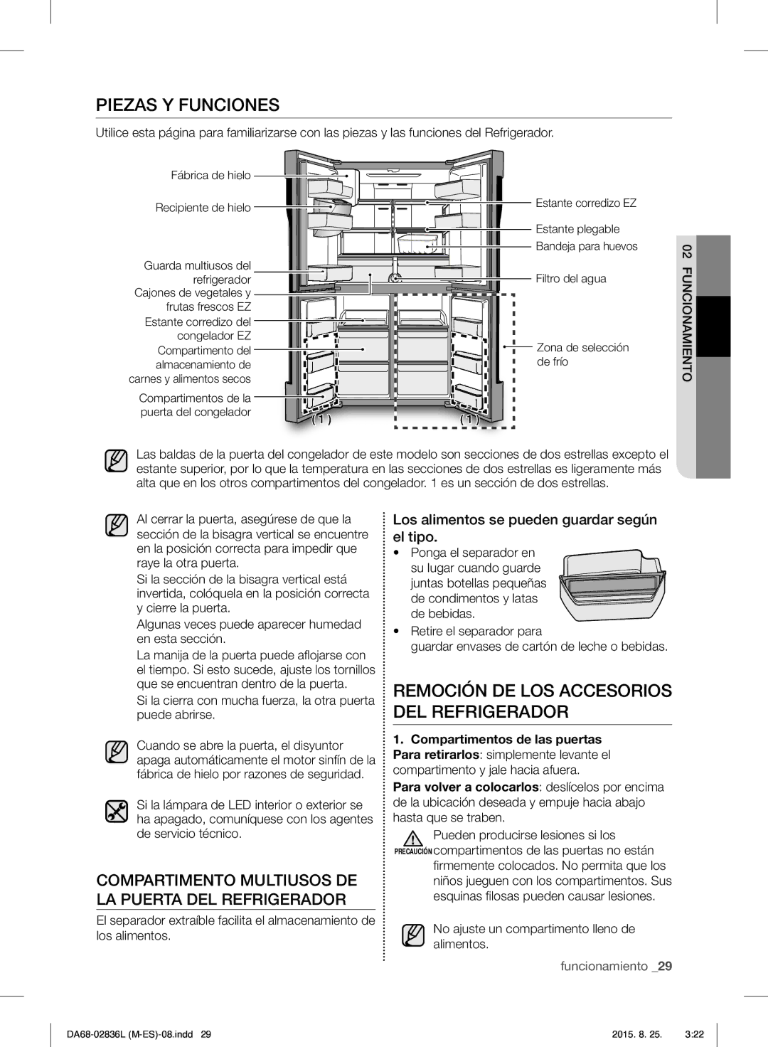 Samsung RF858VALASL/EU manual Piezas Y Funciones, Compartimento Multiusos DE LA Puerta DEL Refrigerador 