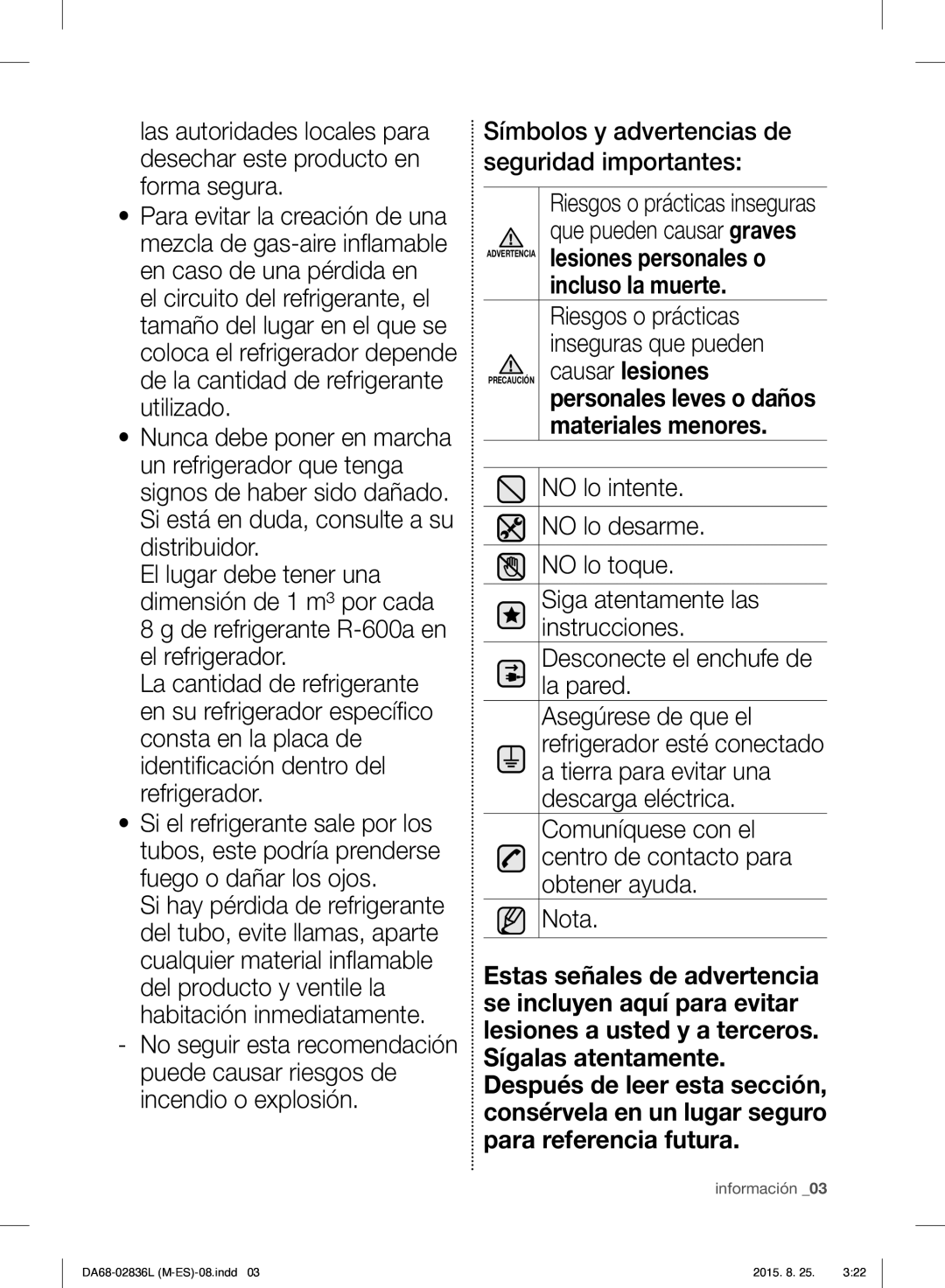 Samsung RF858VALASL/EU manual Símbolos y advertencias de seguridad importantes, Materiales menores 