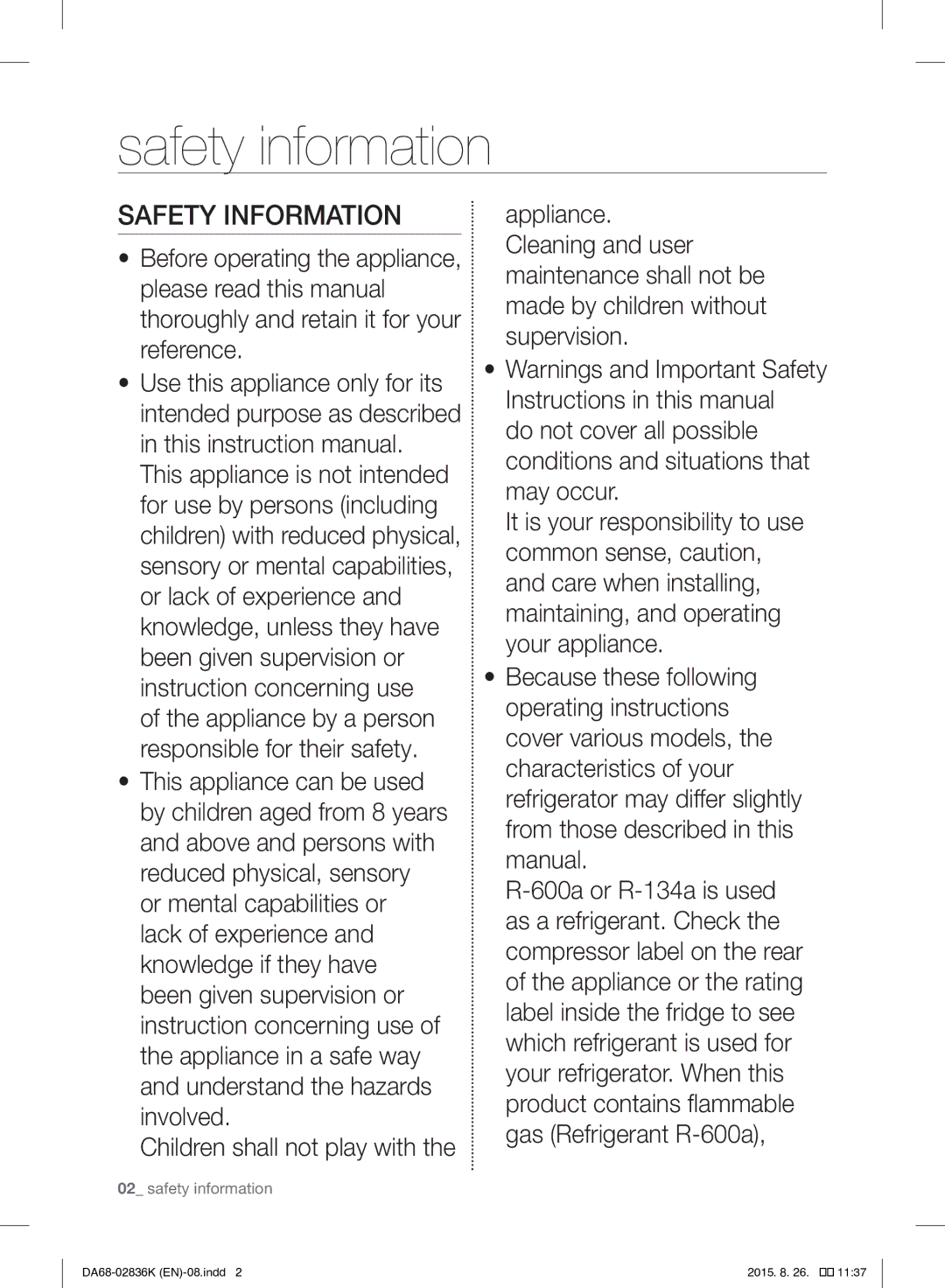 Samsung RF858VALASL/EU manual Safety information, Children shall not play with 