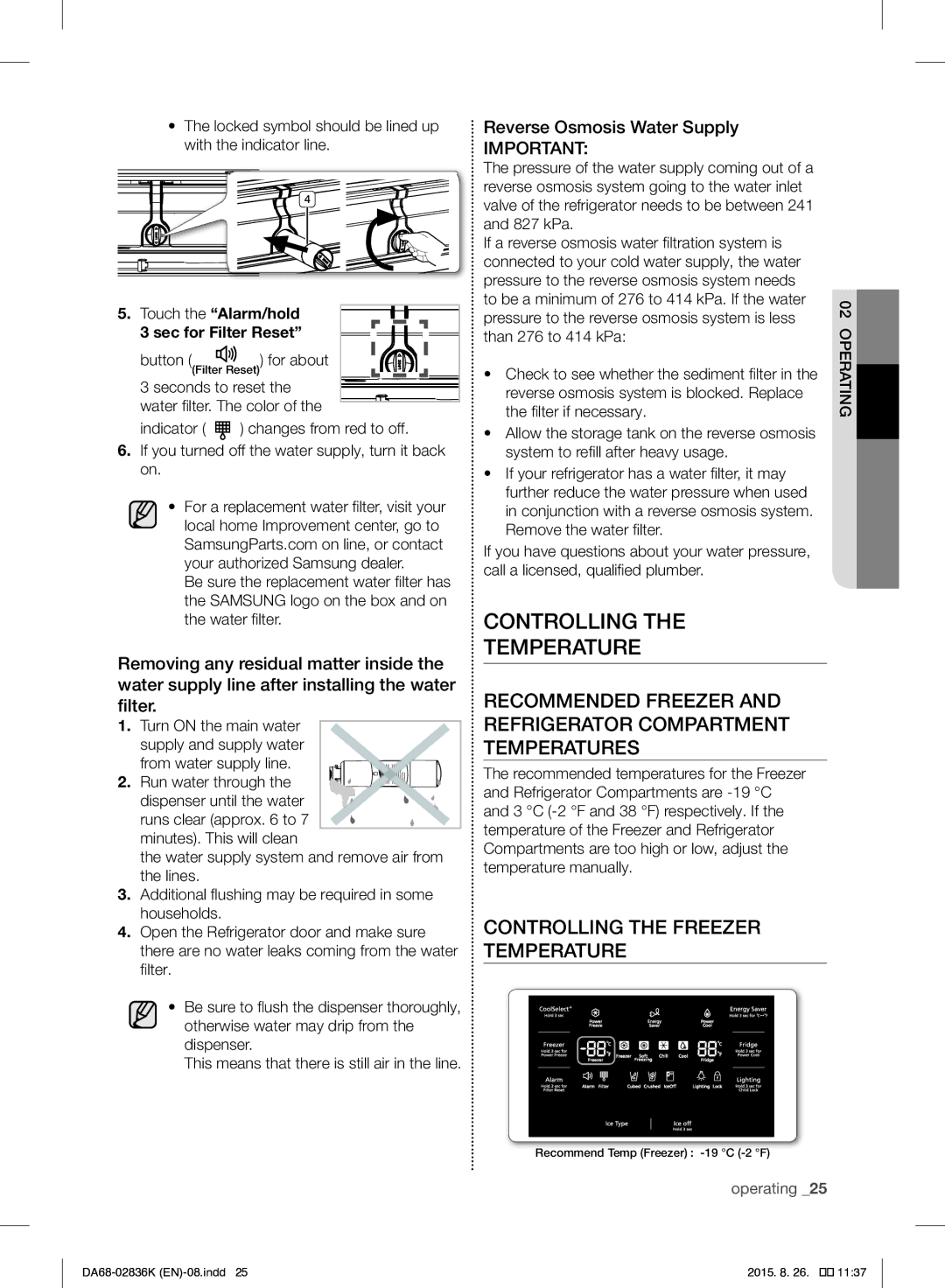 Samsung RF858VALASL/EU manual Controlling Temperature, Controlling the Freezer Temperature, Reverse Osmosis Water Supply 